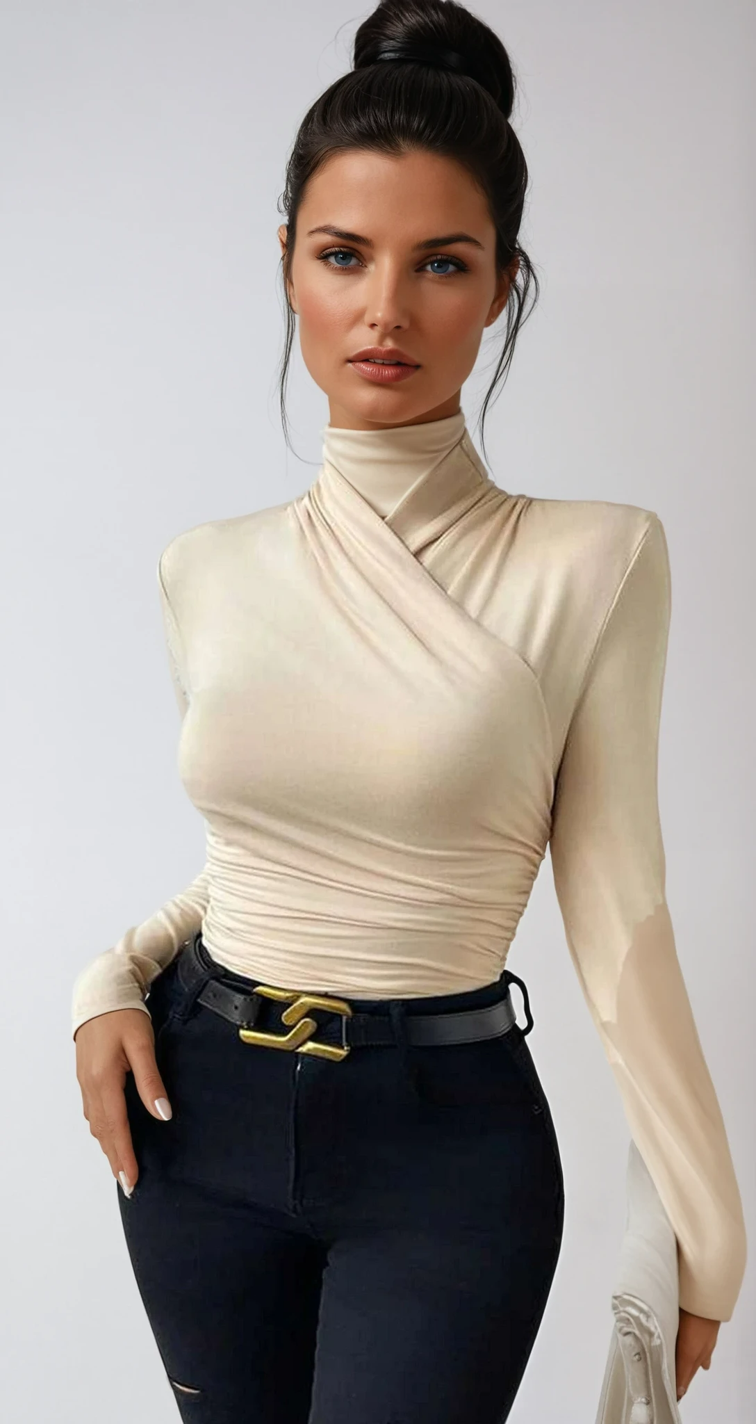 Draped Crossover Long-Sleeved Top - Elegant High-Neck Blouse