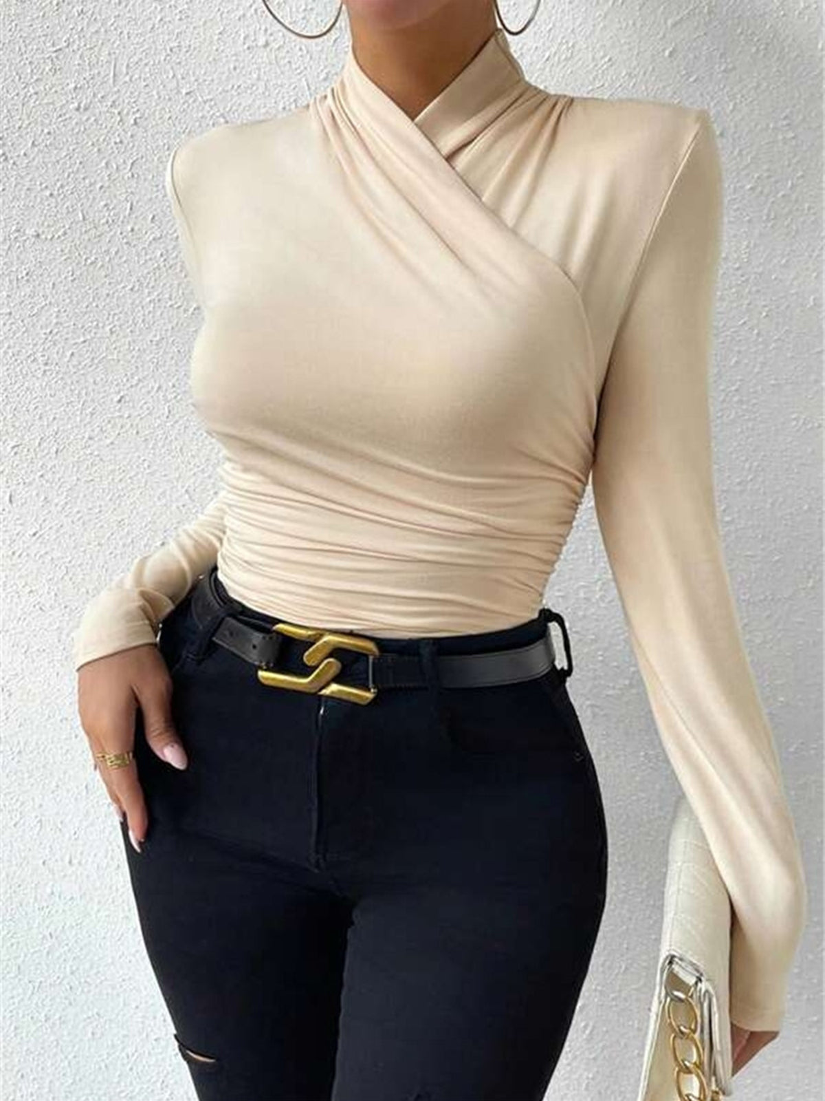 Draped Crossover Long-Sleeved Top - Elegant High-Neck Blouse