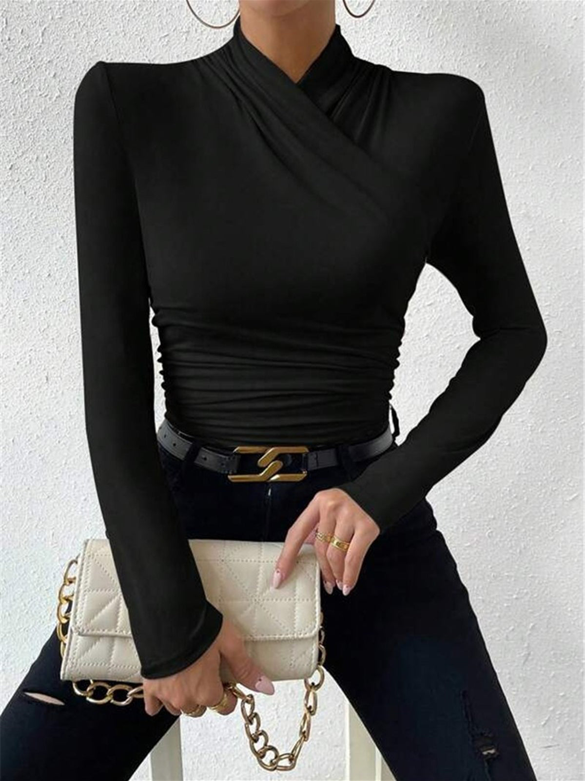 Draped Crossover Long-Sleeved Top - Elegant High-Neck Blouse