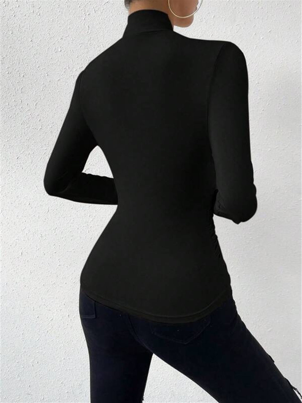 Draped Crossover Long-Sleeved Top - Elegant High-Neck Blouse
