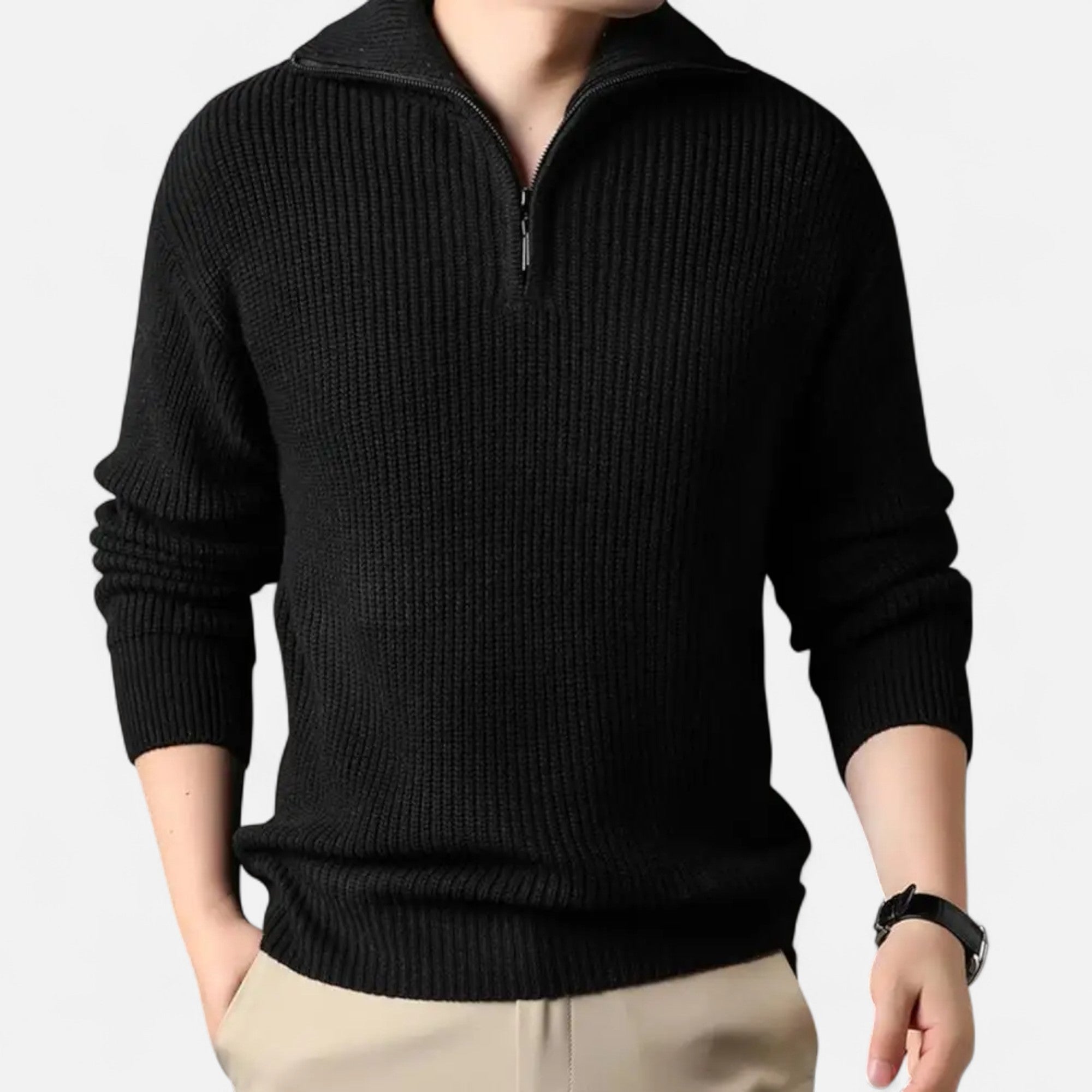 Mænds Ribstrikkede Half-Zip Uldblandingsstrik