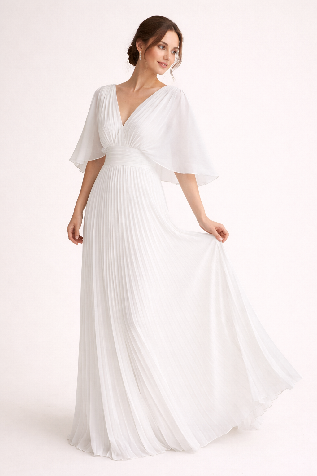 Vestido elegante plissado longo com mangas curtas e decote em V