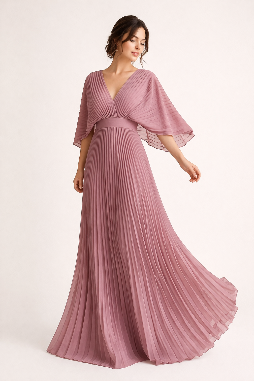 Vestido elegante plissado longo com mangas curtas e decote em V