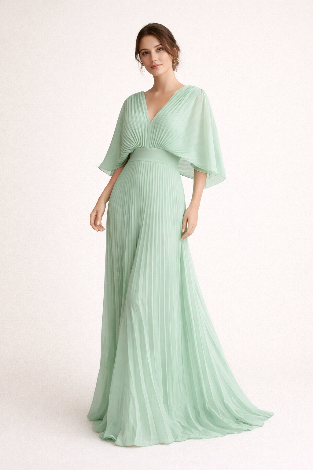 Vestido elegante plissado longo com mangas curtas e decote em V