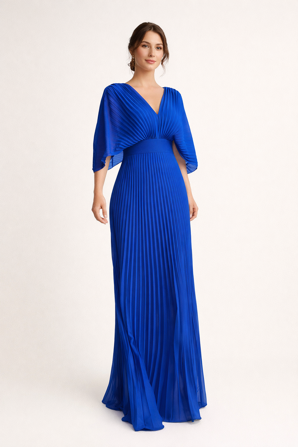Vestido elegante plissado longo com mangas curtas e decote em V