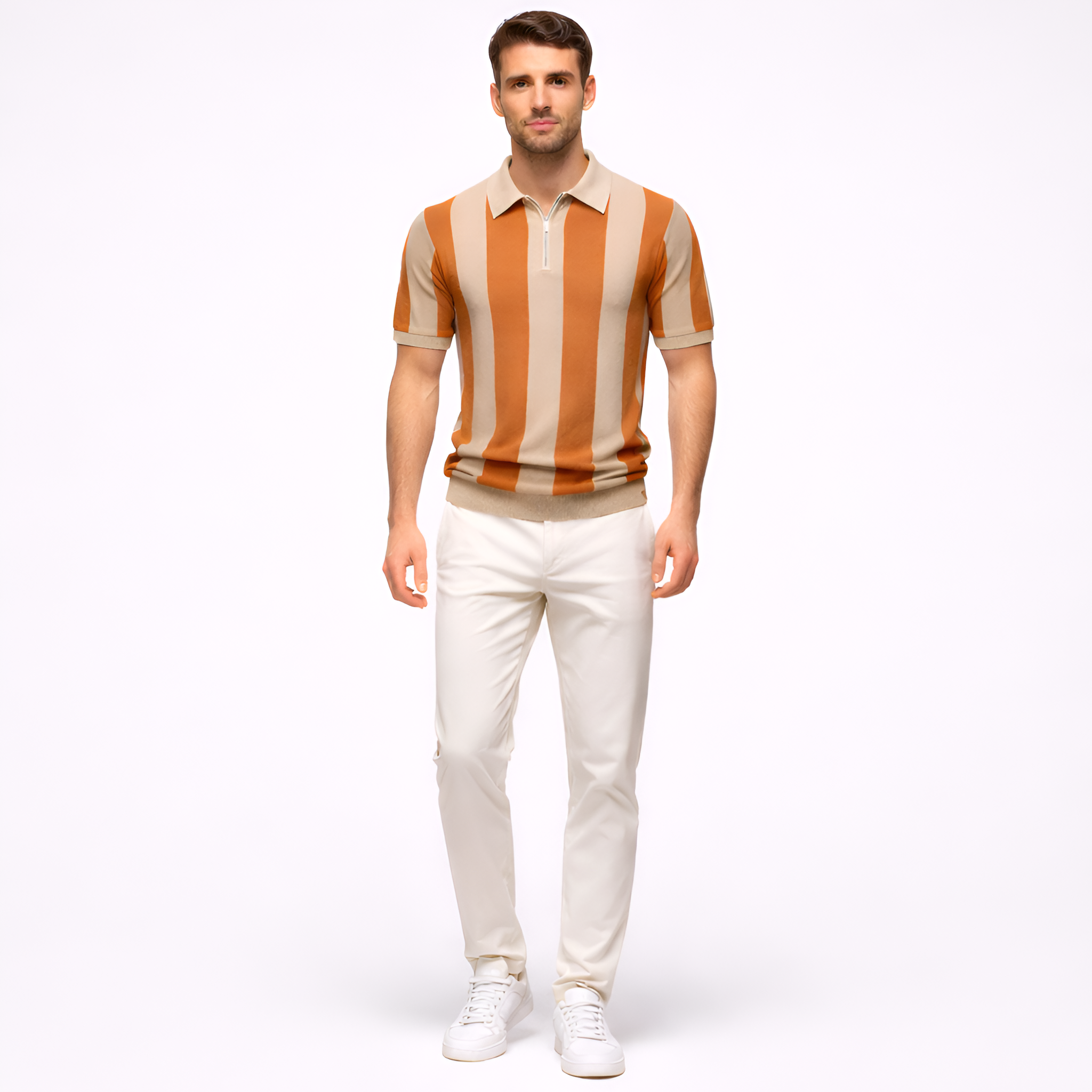 Tricou polo bărbați cu fermoar, mânecă scurtă, dungi, polo casual