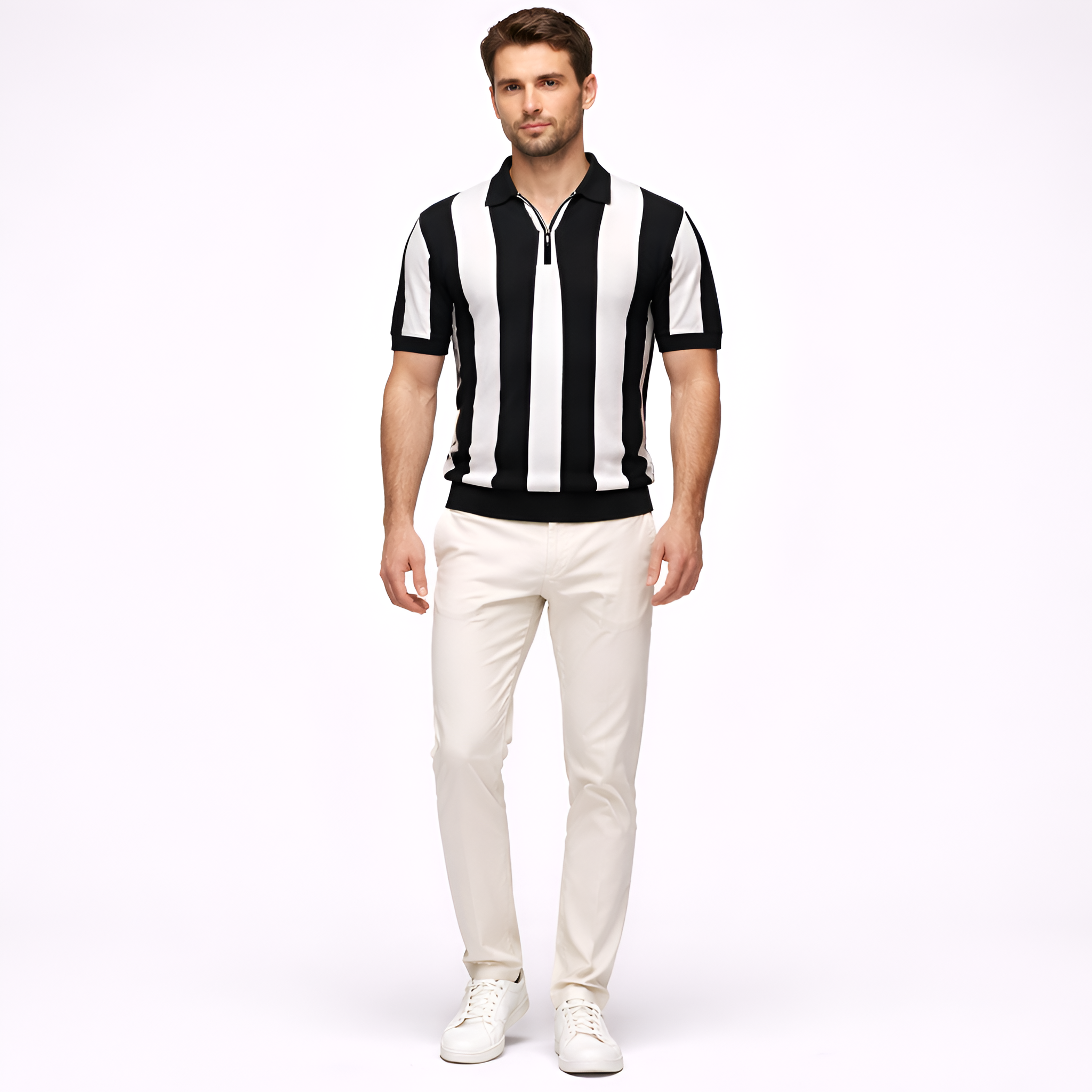 Tricou polo bărbați cu fermoar, mânecă scurtă, dungi, polo casual