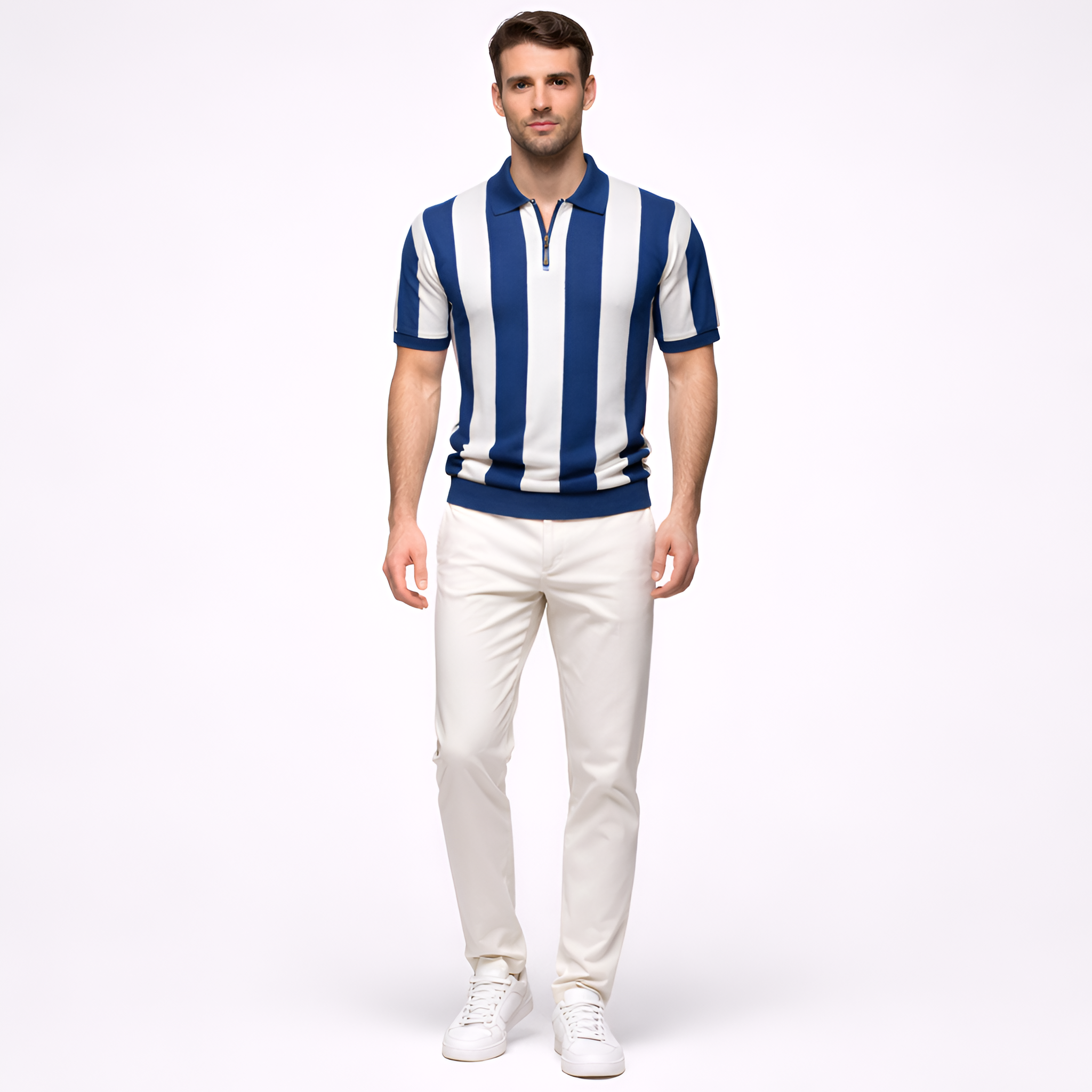 Tricou polo bărbați cu fermoar, mânecă scurtă, dungi, polo casual