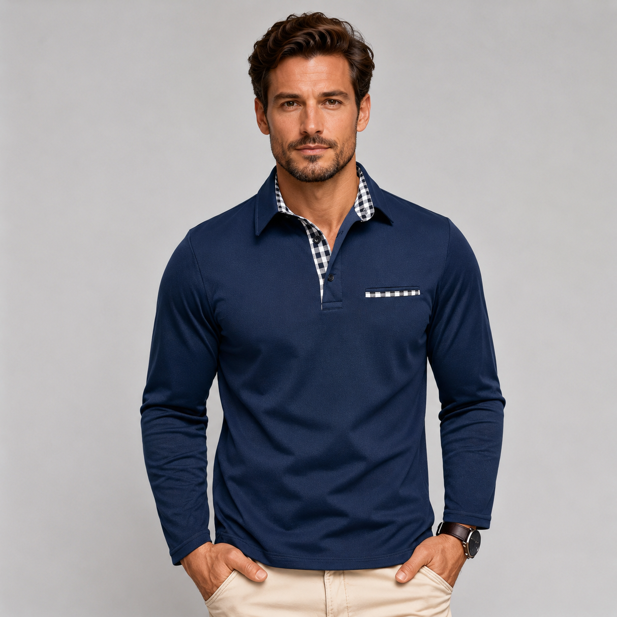 Langærmet Poloshirt til Mænd med Klassisk Krave