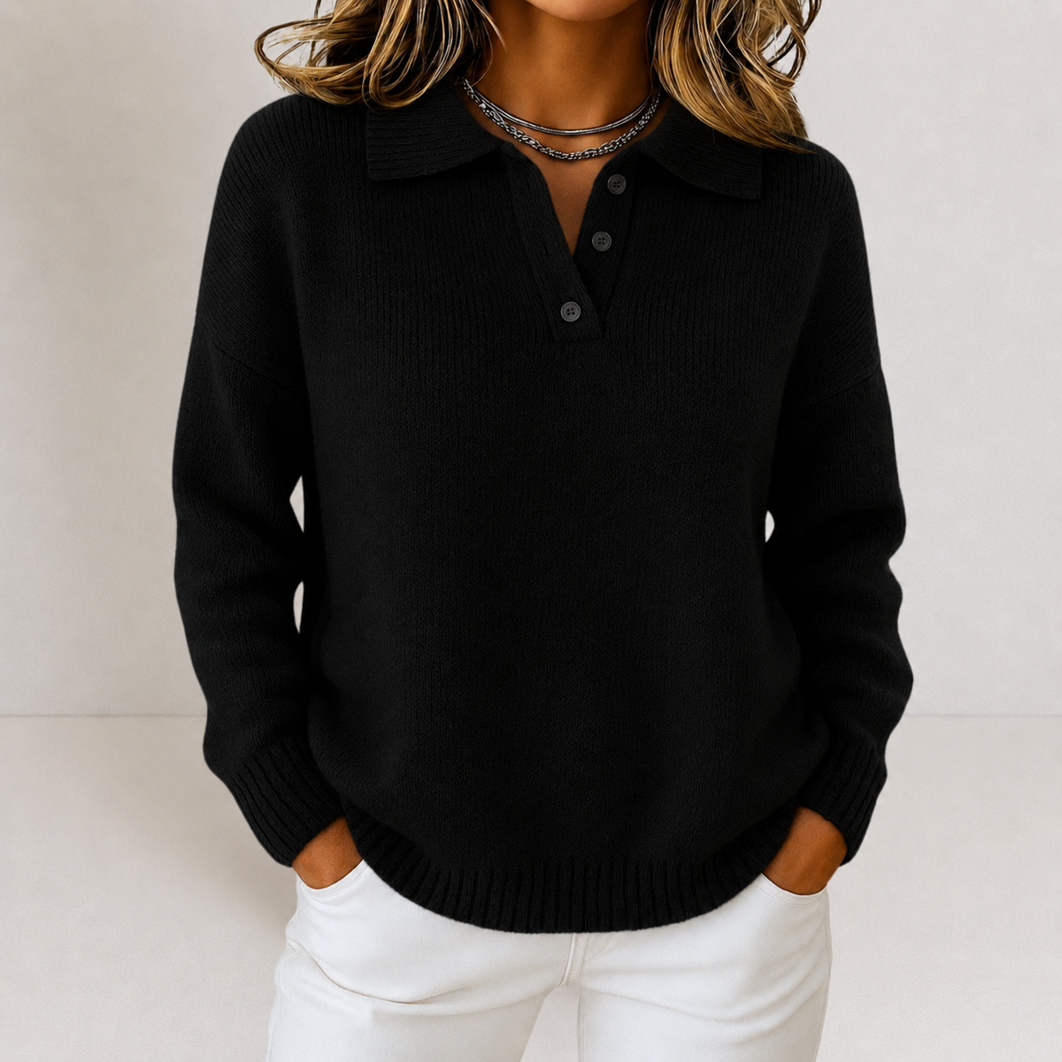Strikket Polosweater til Kvinder med Knaplukning
