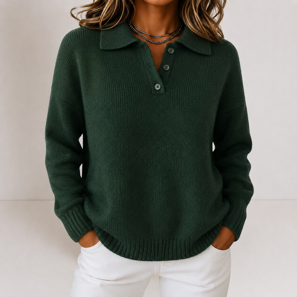 Strikket Polosweater til Kvinder med Knaplukning