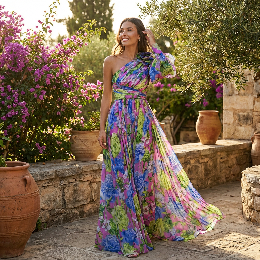 Robe maxi asymétrique à fleurs pour femme avec une épaule dénudée