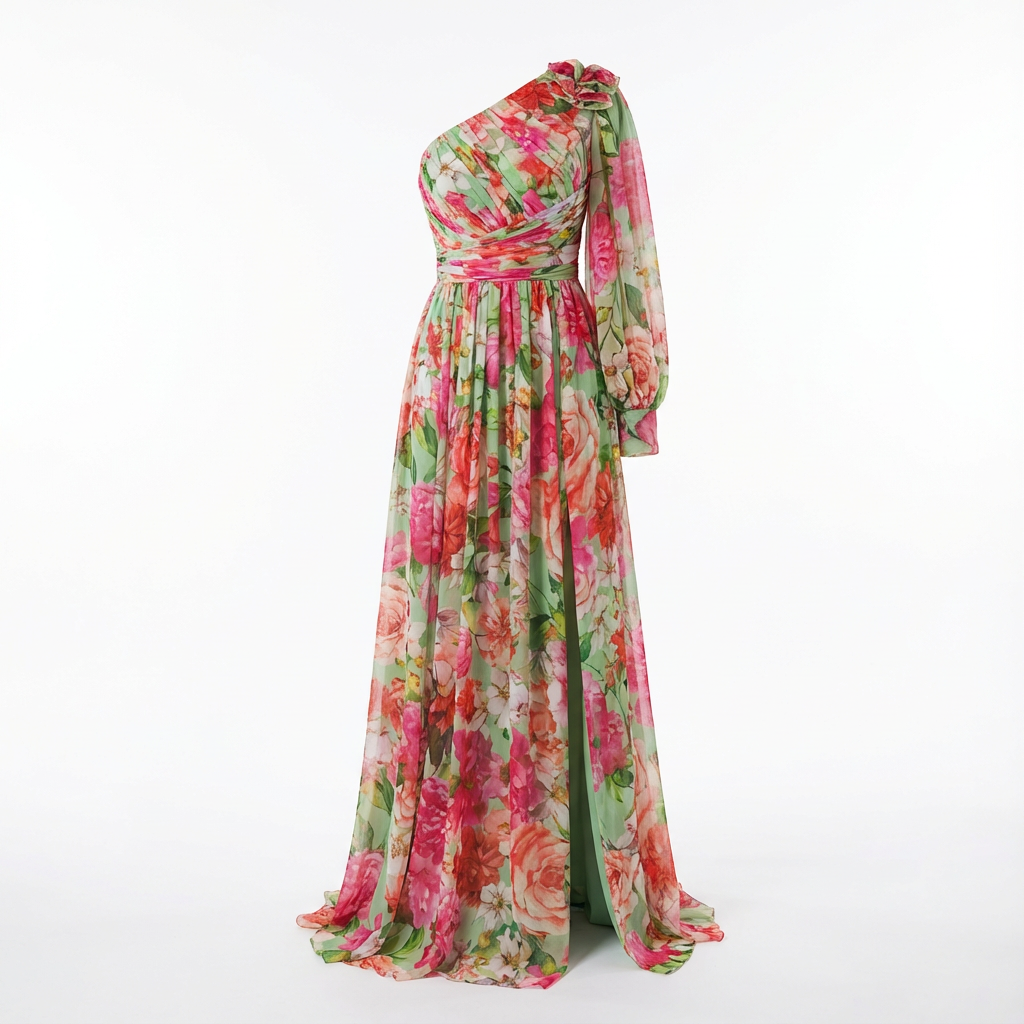 Robe maxi asymétrique à fleurs pour femme avec une épaule dénudée