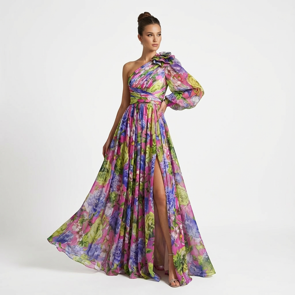 Robe maxi asymétrique à fleurs pour femme avec une épaule dénudée