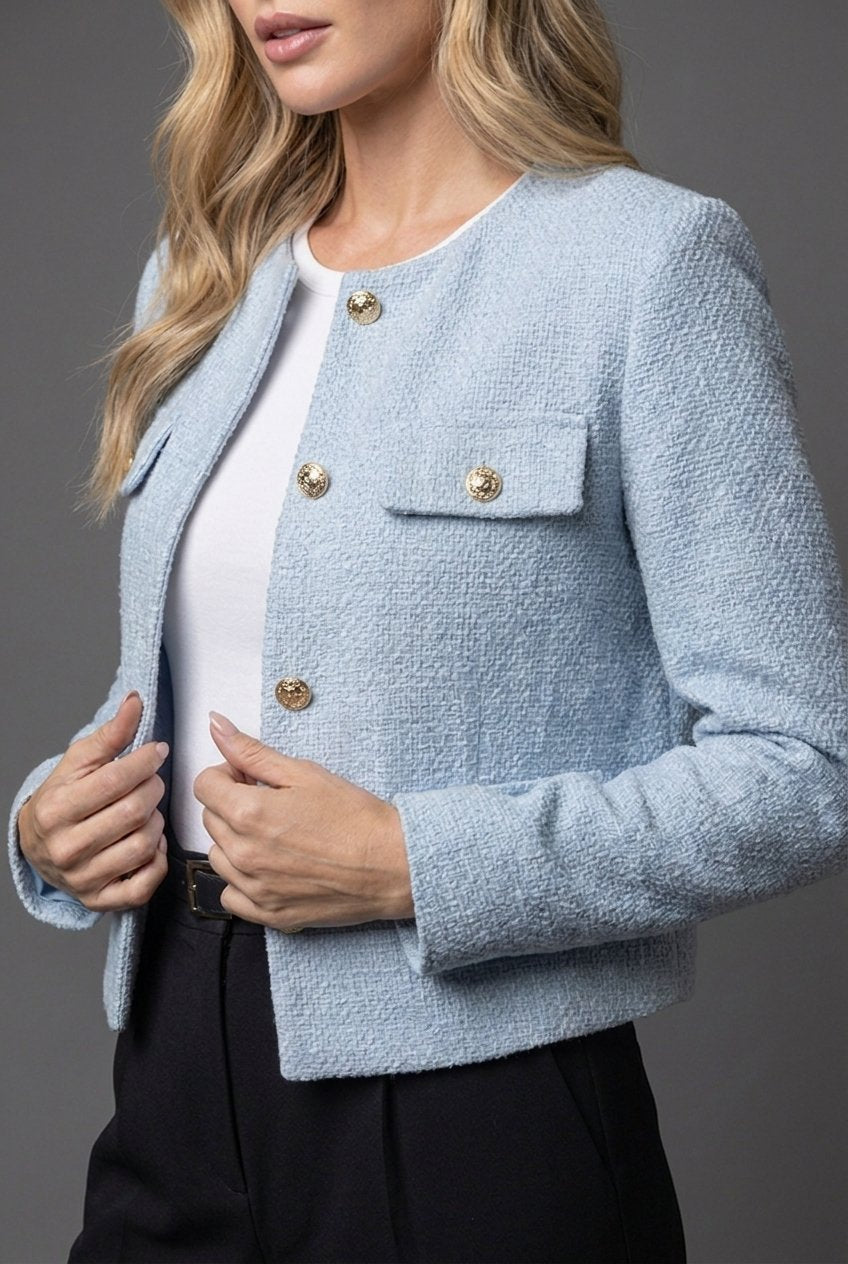 Kort Tweedblazer til Kvinder med Guldfarvede Knapper