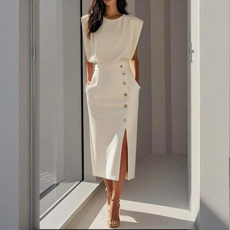 Dámské strukturované midi šaty s bočními knoflíky, rozparkem, lemováním, na míru, elegantní styl