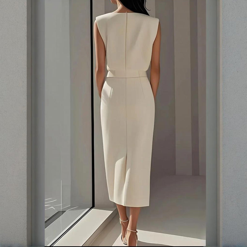 Dámské strukturované midi šaty s bočními knoflíky, rozparkem, lemováním, na míru, elegantní styl