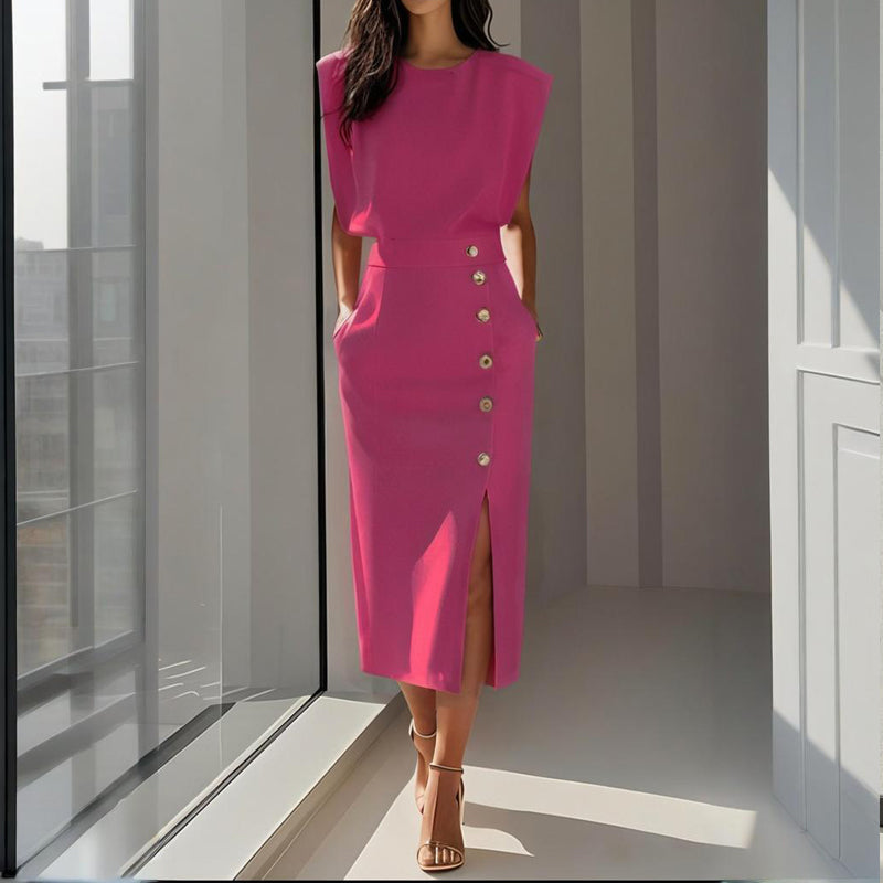 Dámské strukturované midi šaty s bočními knoflíky, rozparkem, lemováním, na míru, elegantní styl