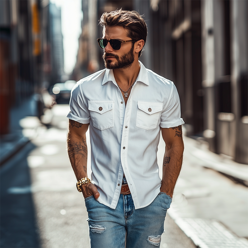 Pánská klasická casual jednobarevná slim fit košile s více kapsami z polyesteru a bavlny 39582391K