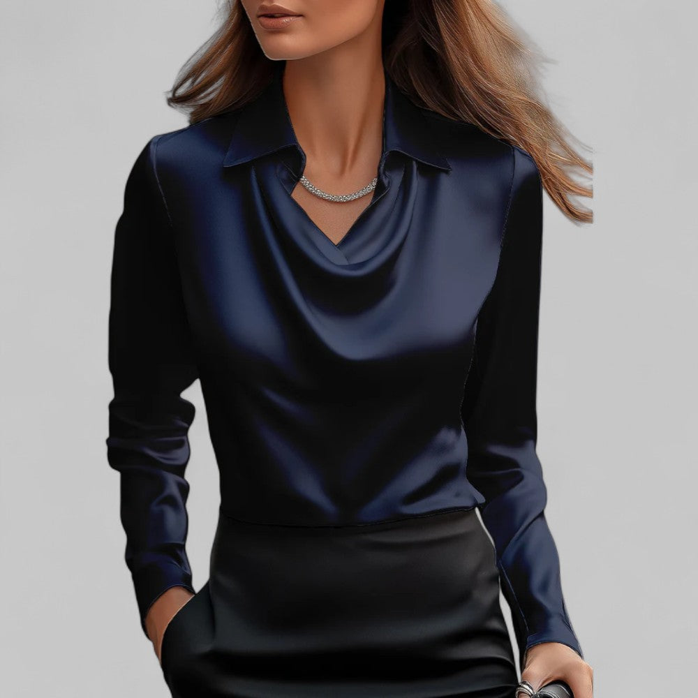 Elegant Satinbluse til Kvinder med Draperet Halsudskæring og Krave