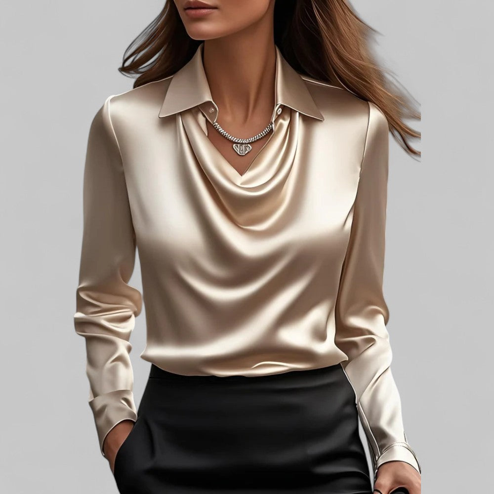 Elegant Satinbluse til Kvinder med Draperet Halsudskæring og Krave