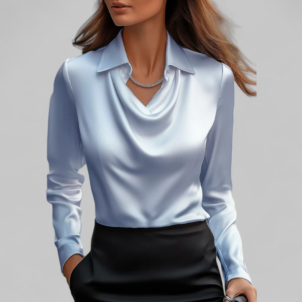 Elegant Satinbluse til Kvinder med Draperet Halsudskæring og Krave