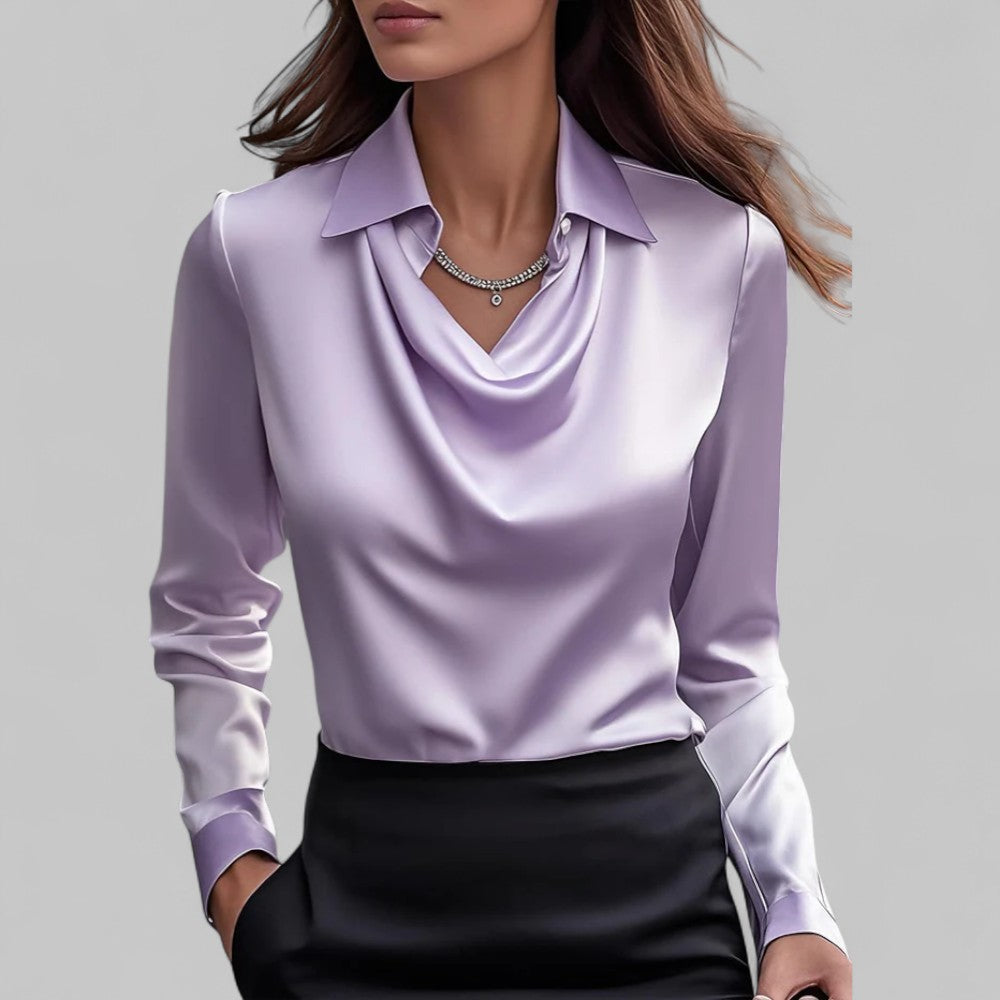 Elegant Satinbluse til Kvinder med Draperet Halsudskæring og Krave