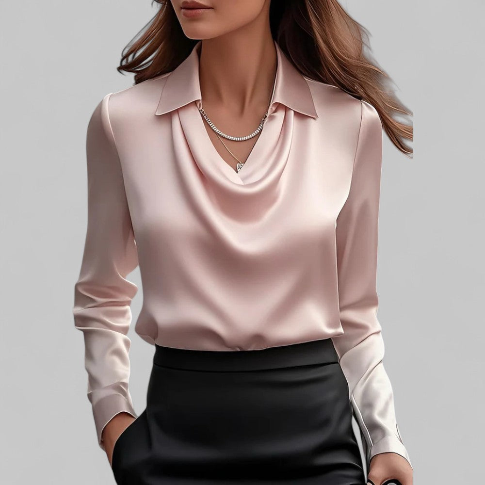 Elegant Satinbluse til Kvinder med Draperet Halsudskæring og Krave
