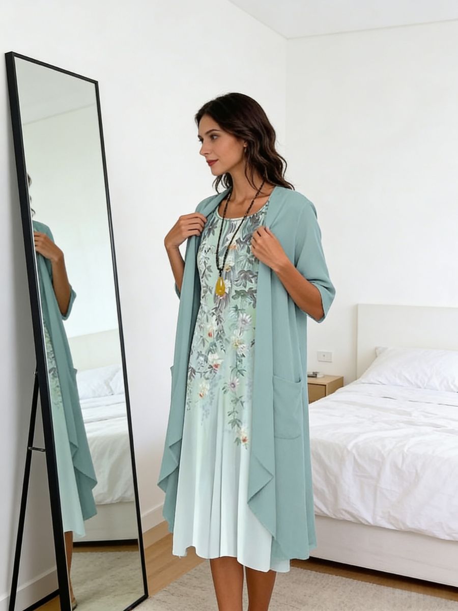 Blomstret 2-Delt Midi Kjole Sæt til Dame med Rund Hals og Let Cardigan