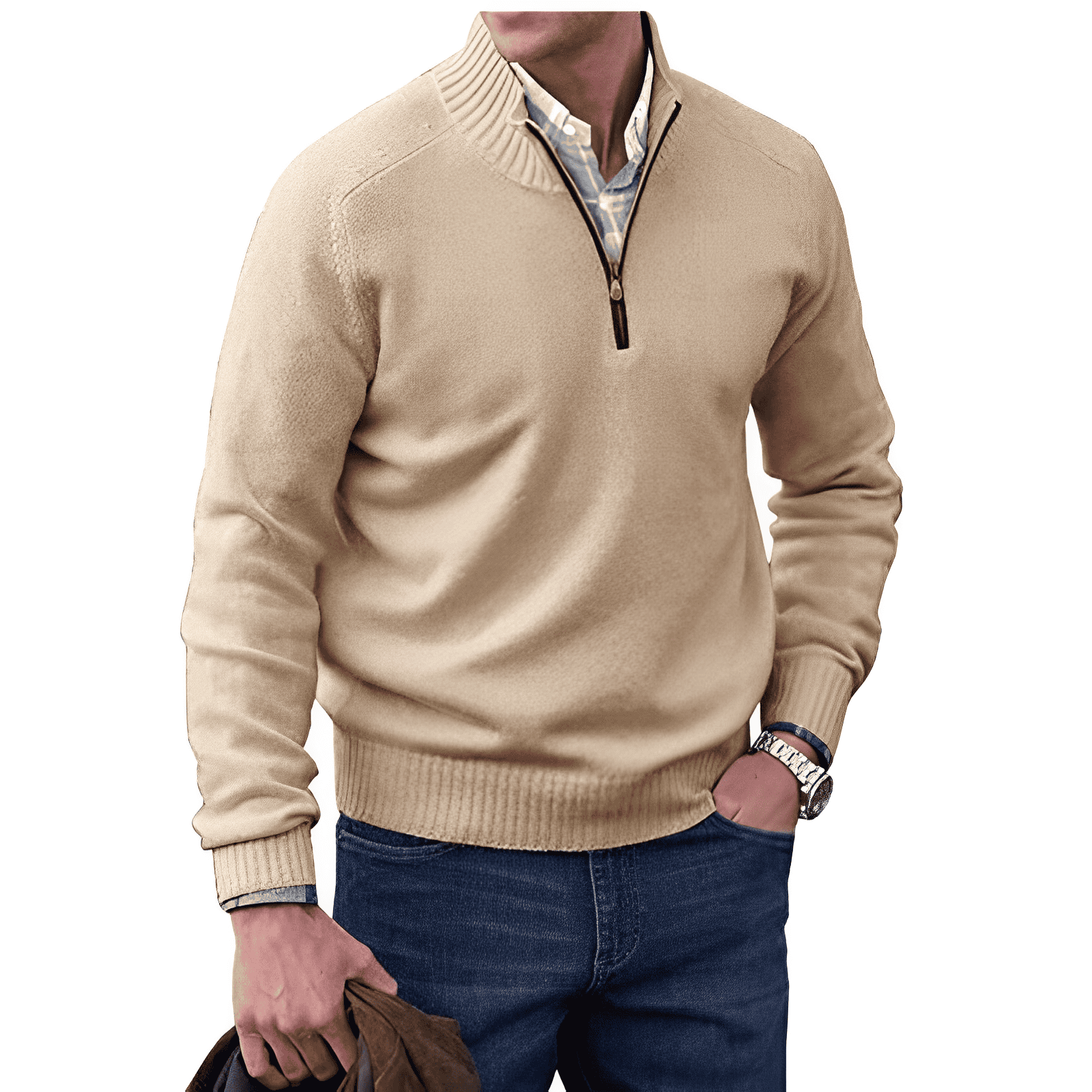 Bellivaro | Herre Premium Cashmere Trøje | Halv-Lynlås Vinter Strikpullover