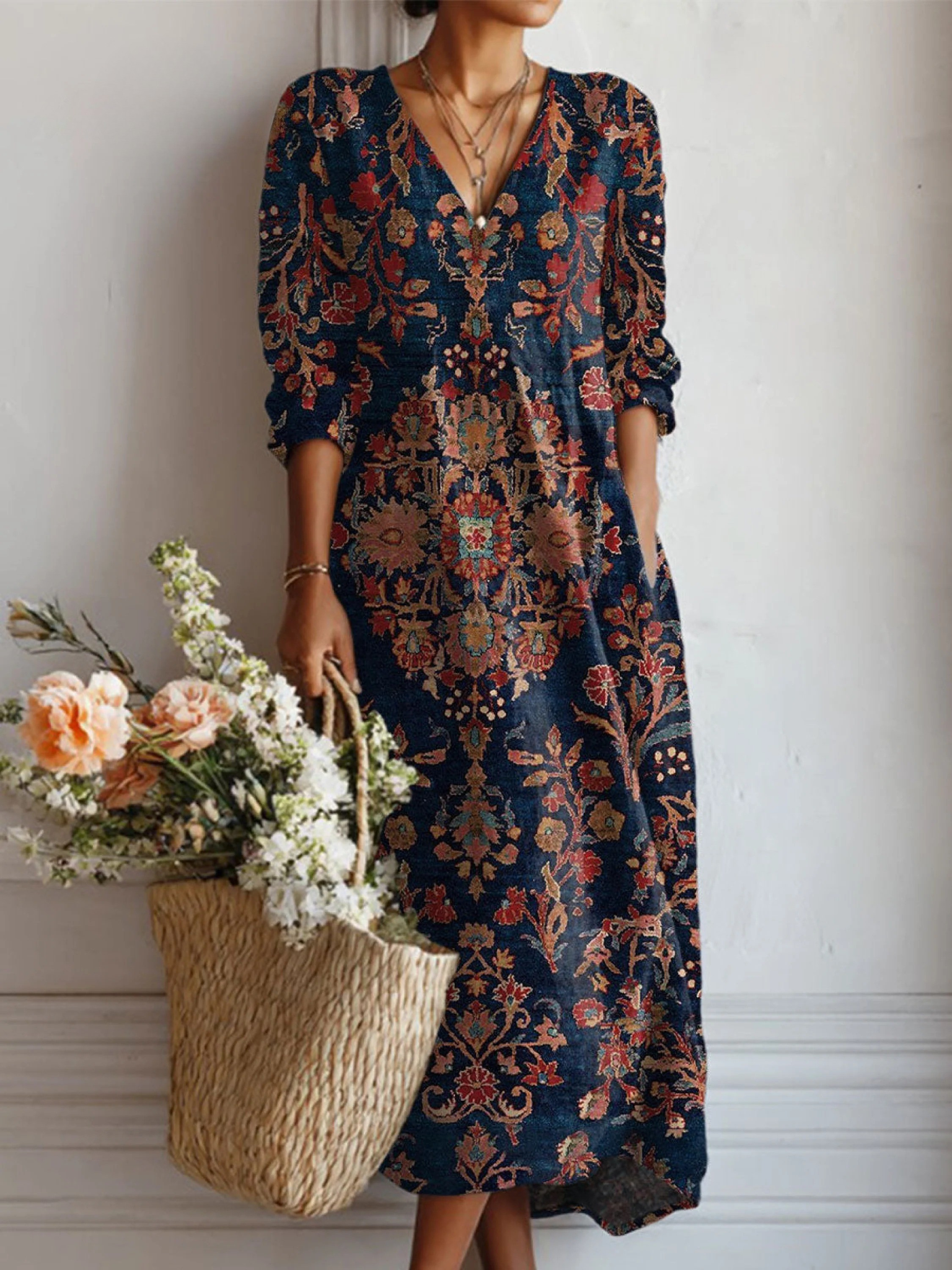 Boho Midi Kjole i Hørlook med Print til Dame