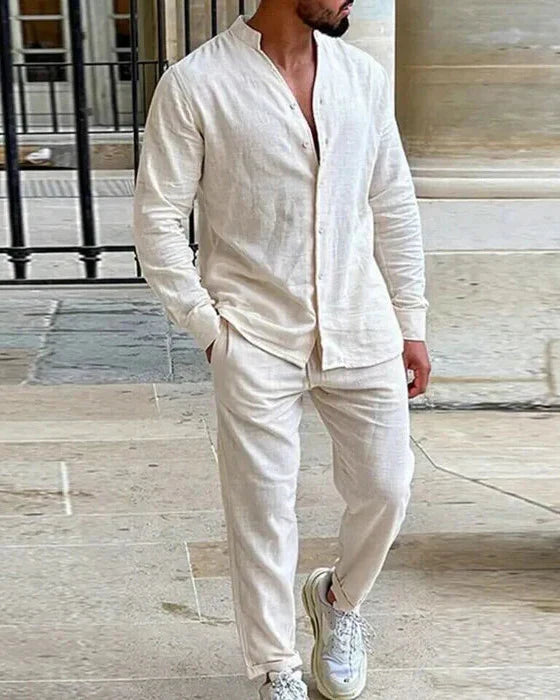 Ensemble décontracté en lin pour hommes avec chemise à manches longues et pantalon assorti - Ensemble léger et respirant deux pièces pour le quotidien et les vacances