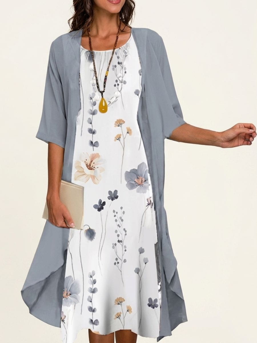 Blomstret 2-Delt Midi Kjole Sæt til Dame med Rund Hals og Cardigan