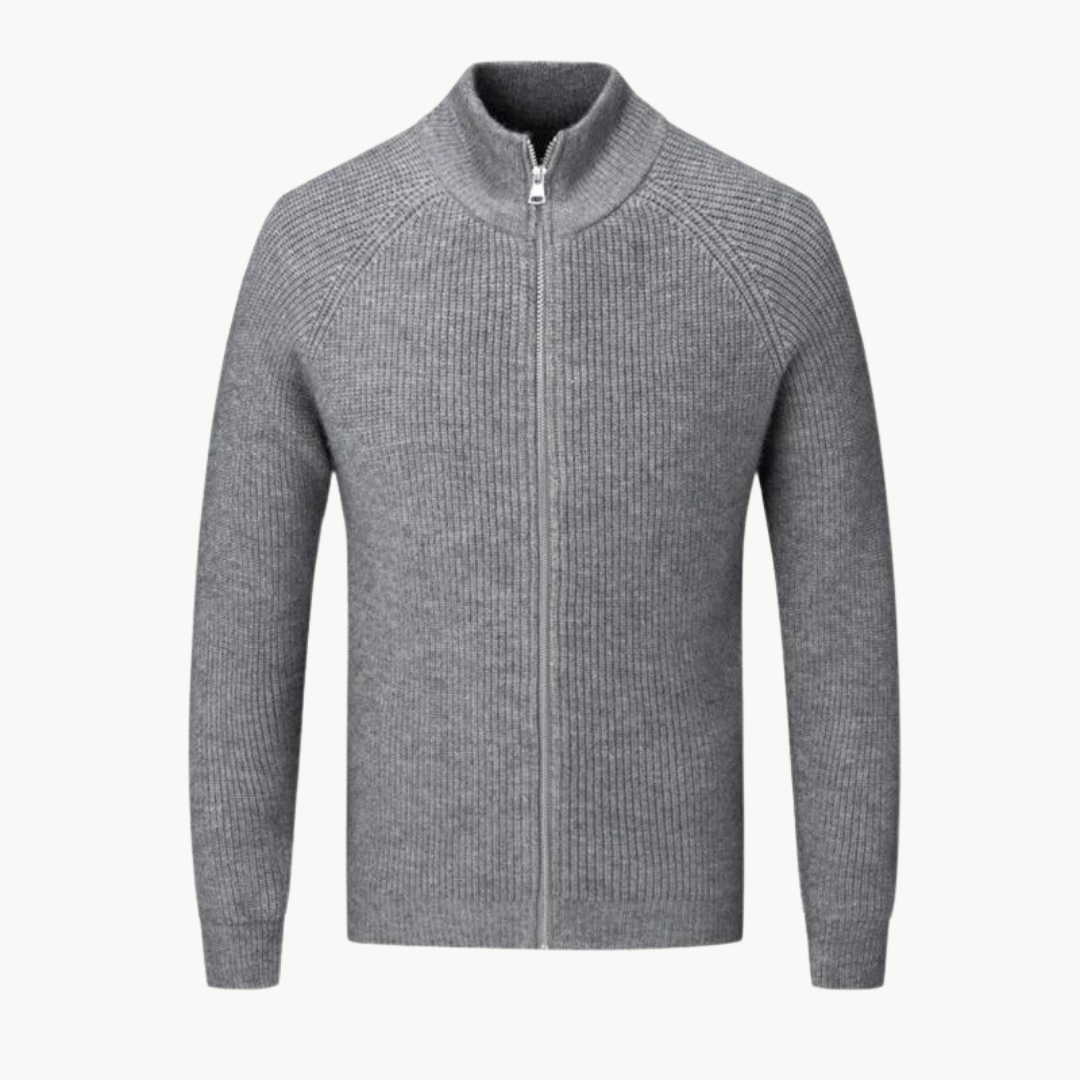 Bellivaro | Full Zip Sweater I Tidløs Elegance Med Standkrave Og Ribdetaljer