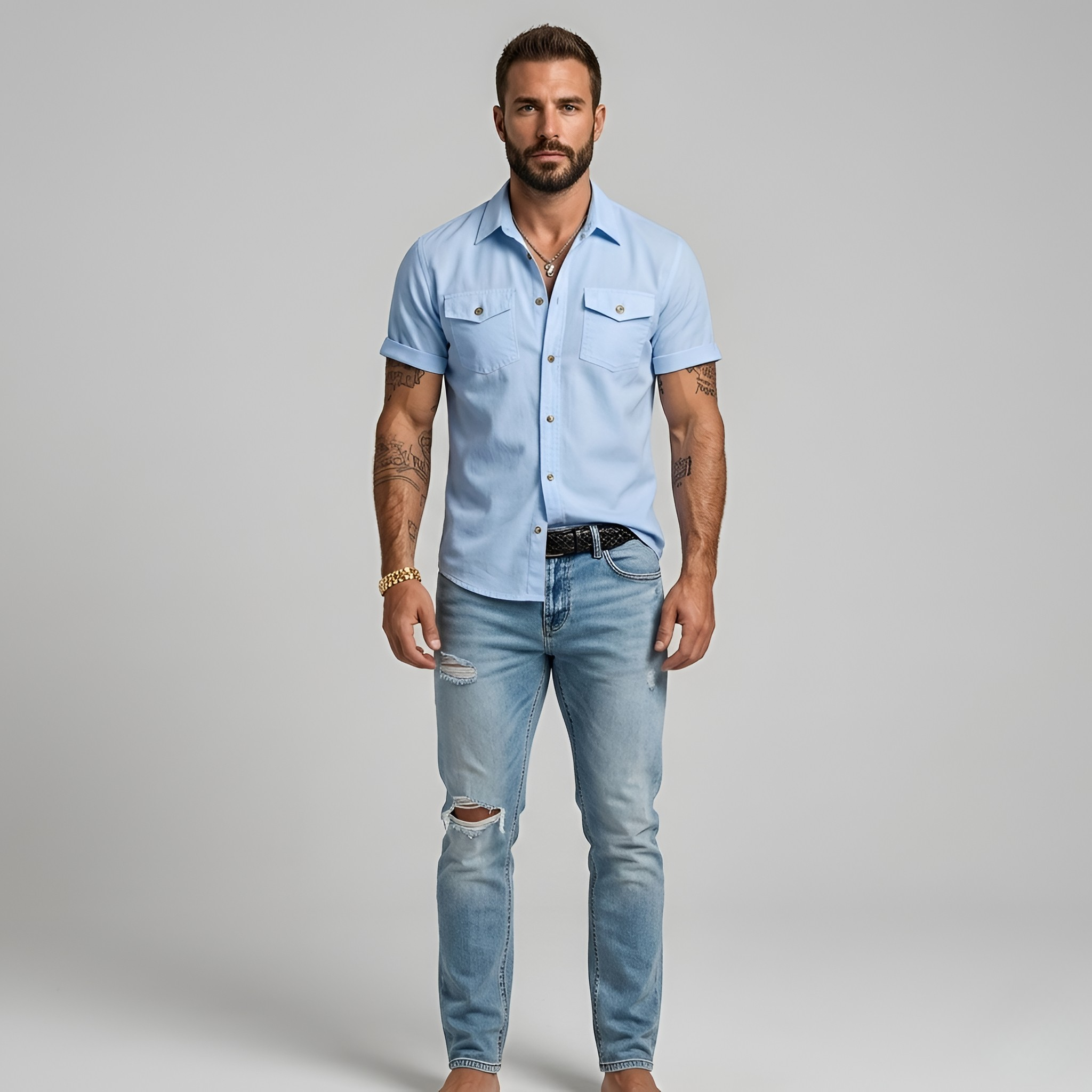 Men's Short-Sleeve Cotton Shirt with Chest Pockets and Button Closure, Relaxed Fit