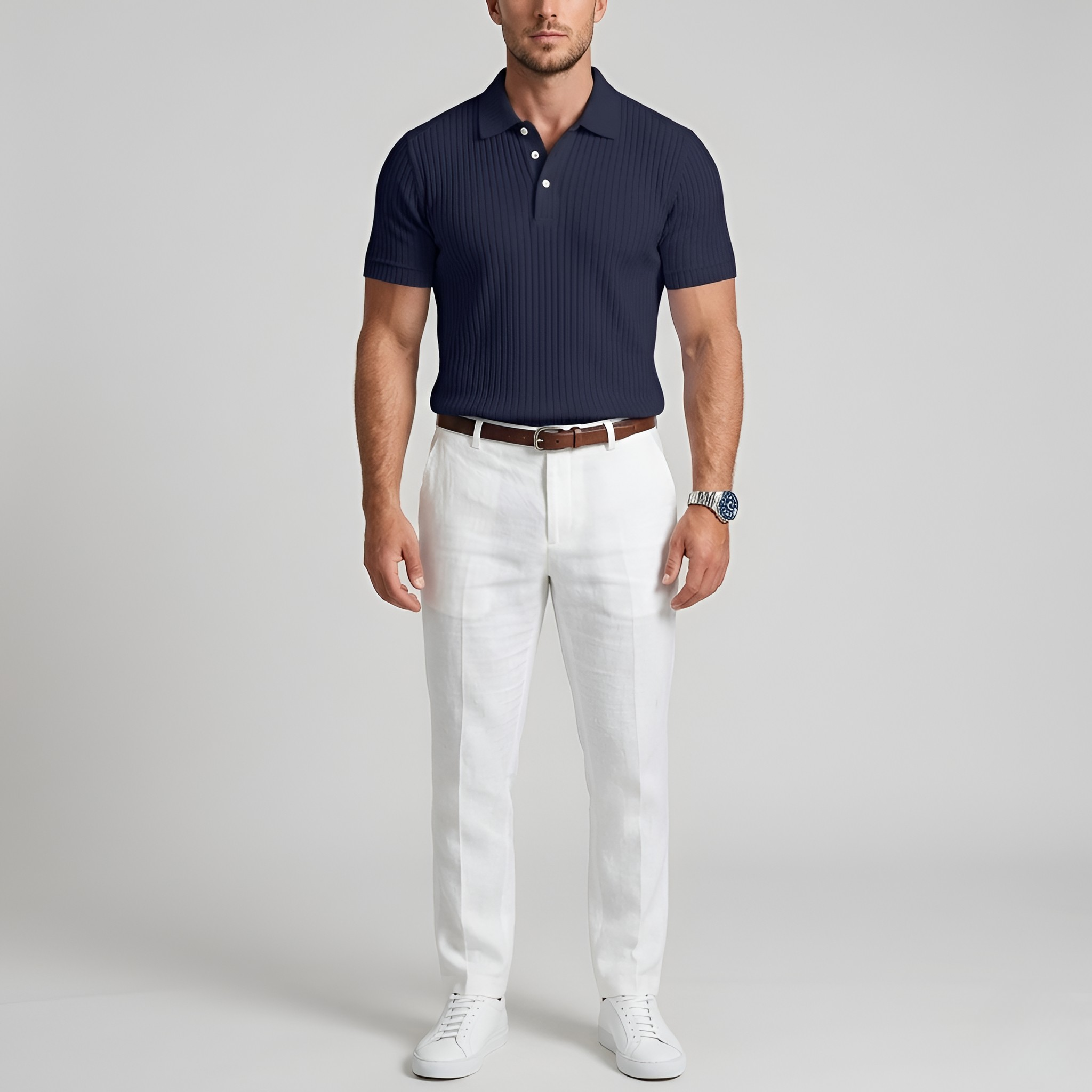 Pánske pletené polo z bavlny, krátky rukáv, rebrované polo tričko s golierom