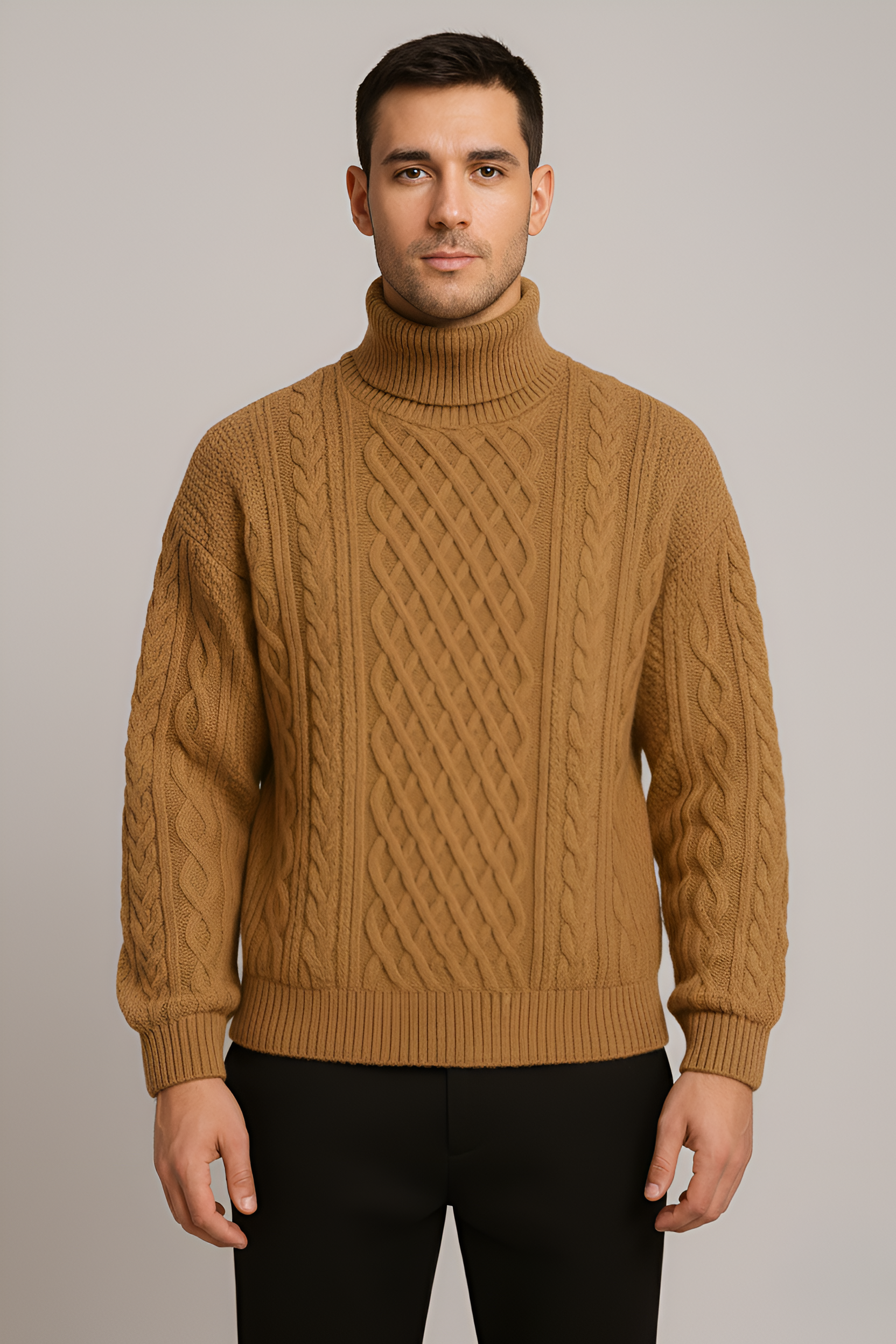 Maglione uomo Bellivaro a collo alto in lana a trecce, maglione caldo per l'inverno