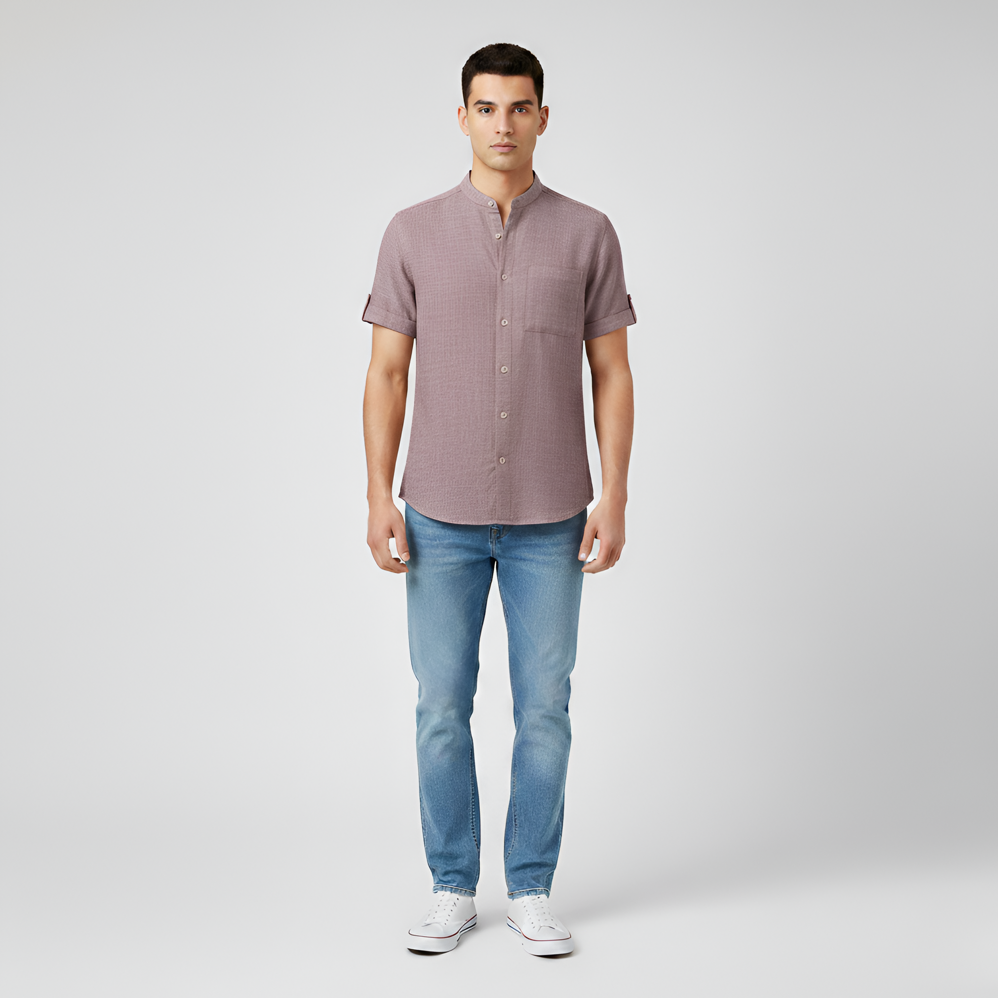 Camisa de lino para hombre de manga corta con botones y bolsillo en el pecho