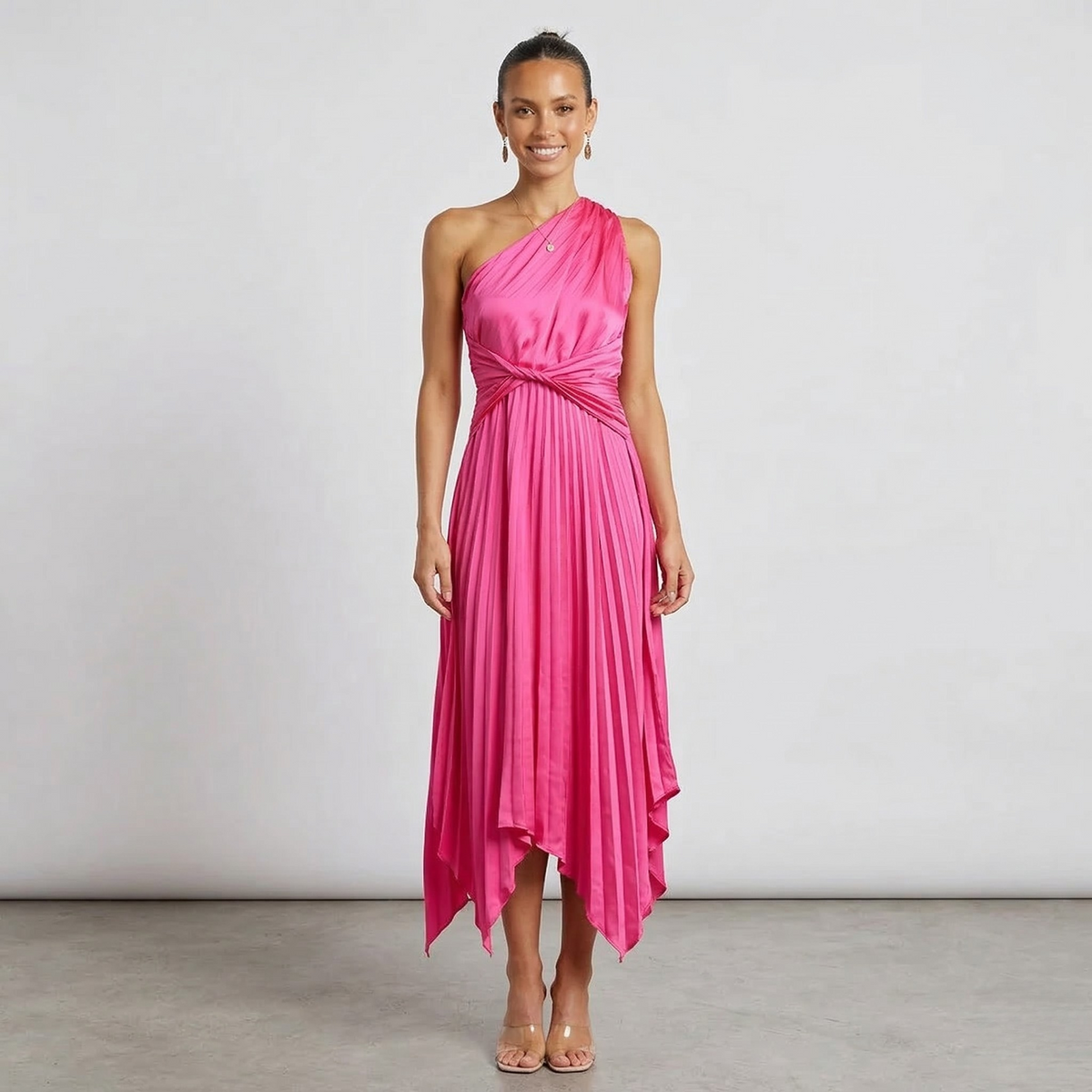 Women's One-Shoulder Midi Dress with Pleated Skirt, Asymmetrical Evening Party Dress