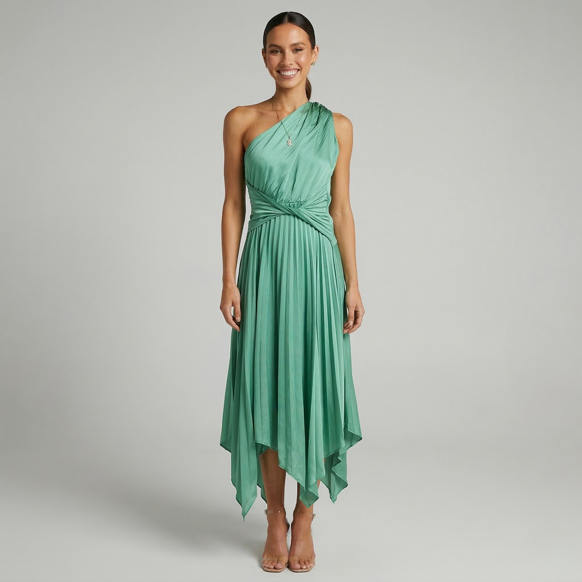 Women's One-Shoulder Midi Dress with Pleated Skirt, Asymmetrical Evening Party Dress