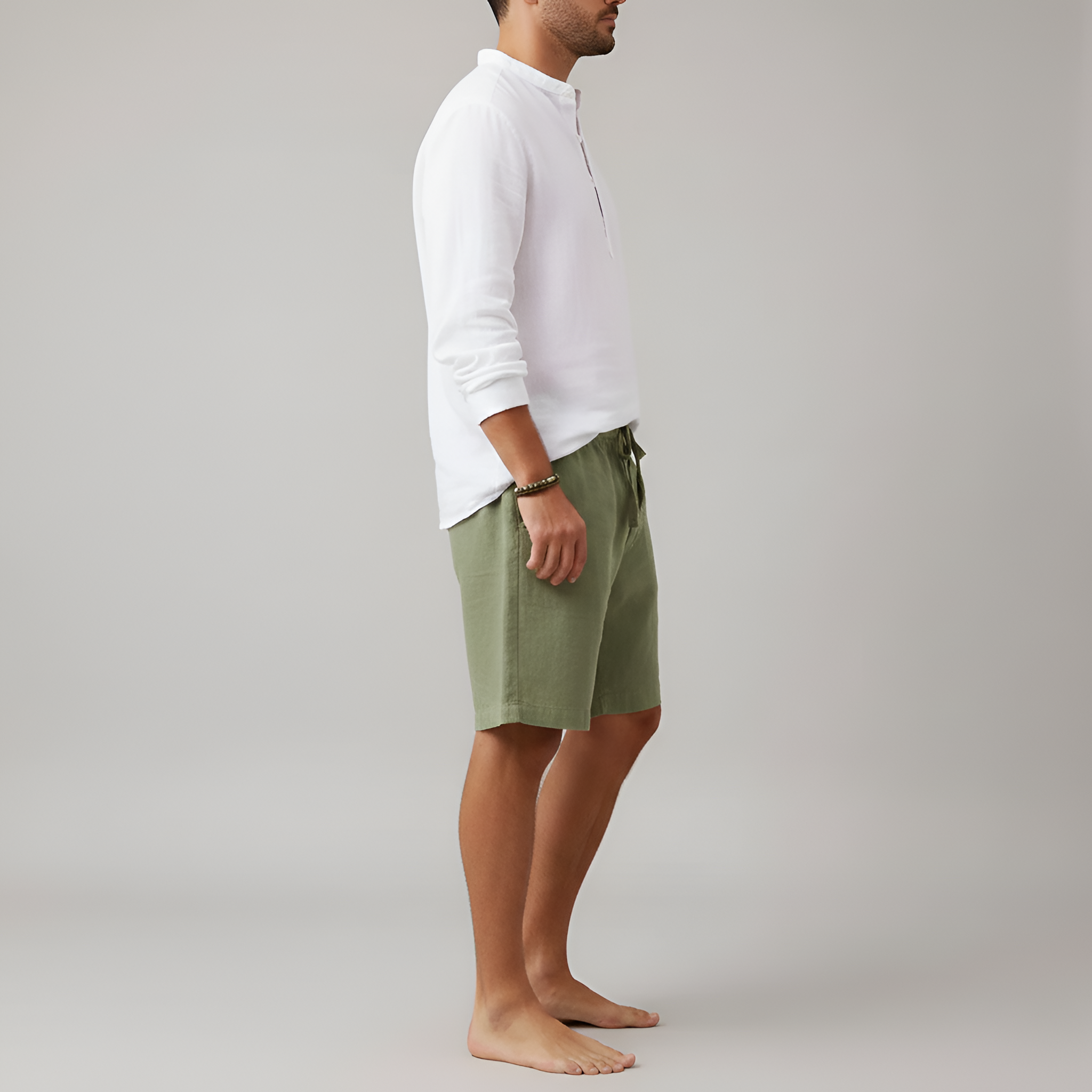 Pantalones cortos de lino para hombre con cintura elástica y cordón para el verano