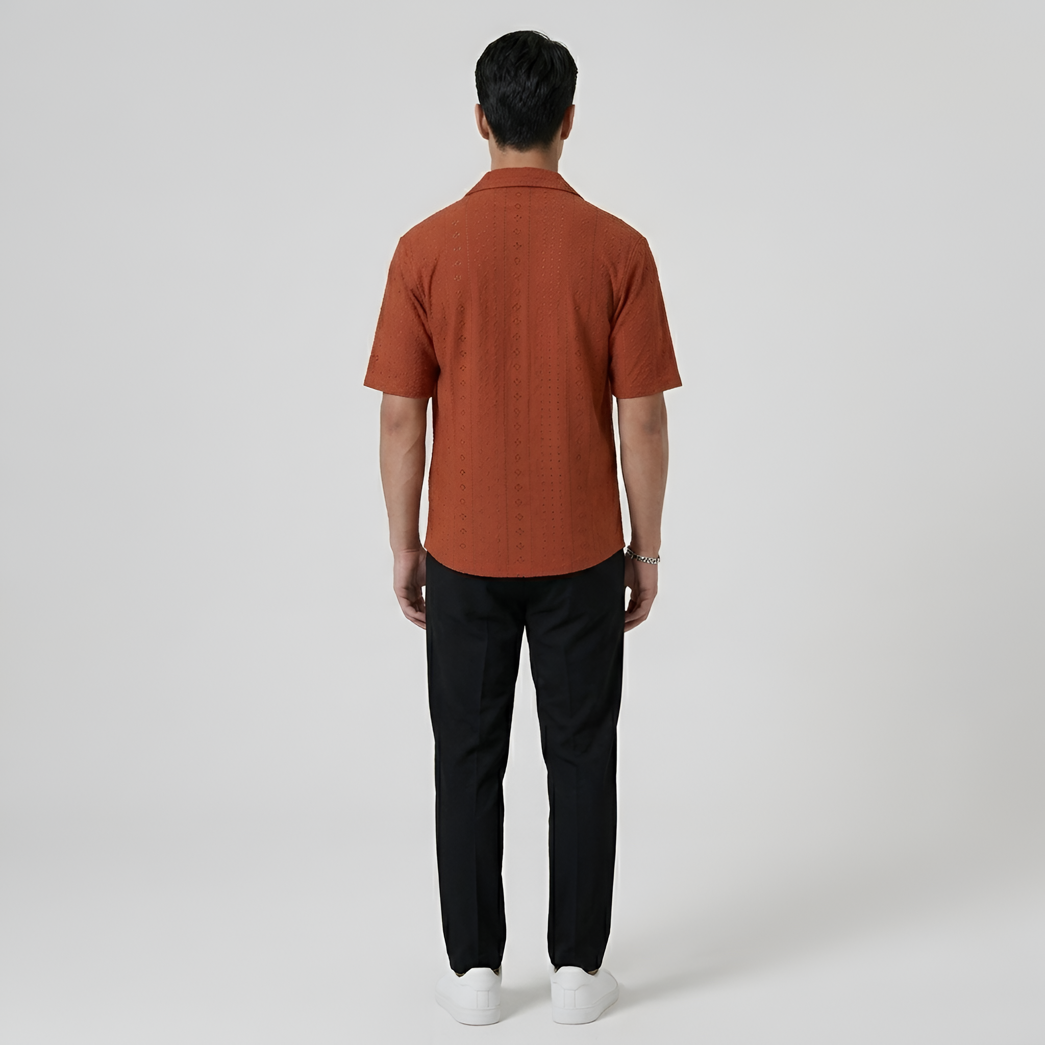 Men's Short-Sleeve Shirt with Eyelet Pattern and Button Closure, Summer Shirt
