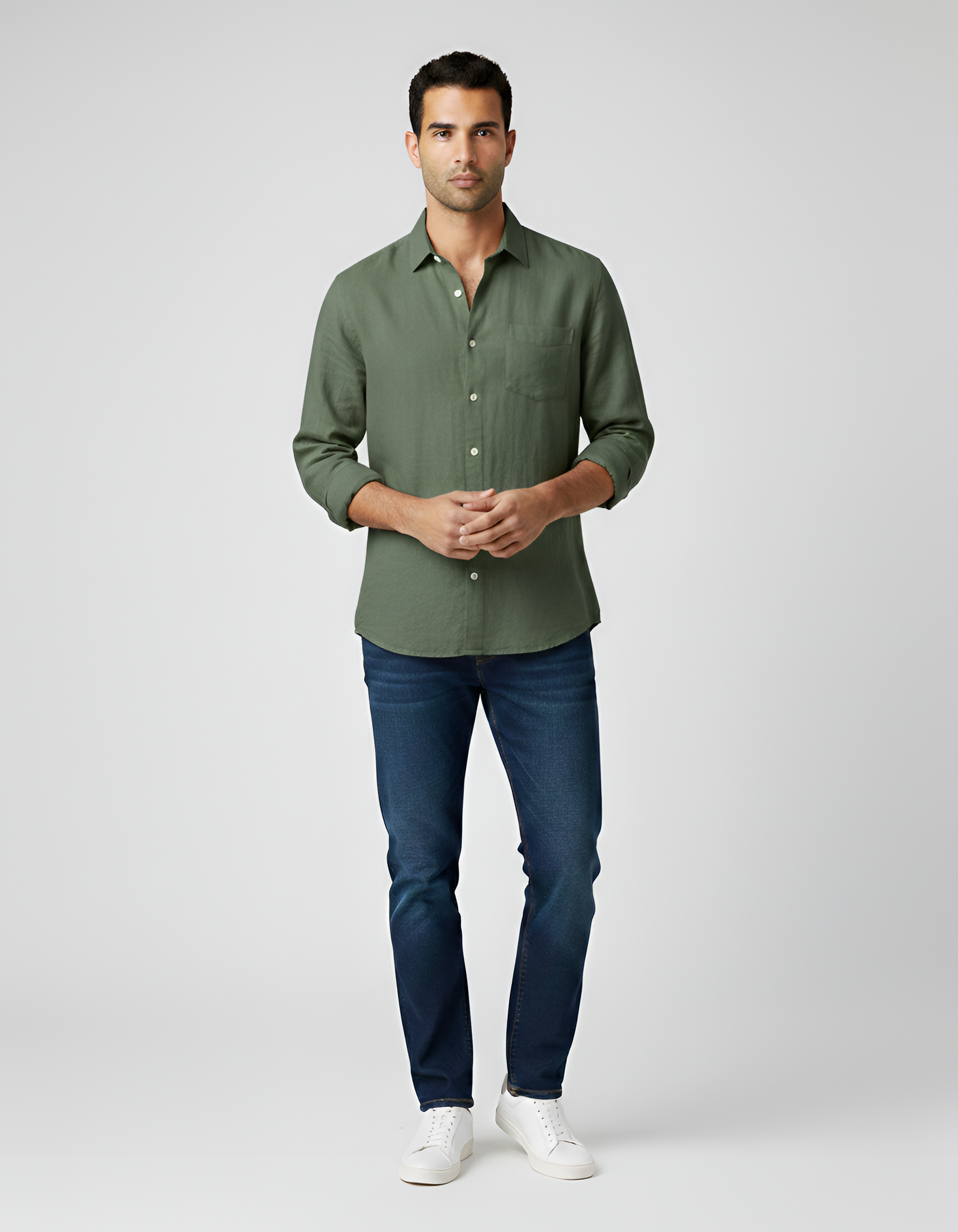 Camisa de lino para hombre con mangas largas y bolsillo en el pecho