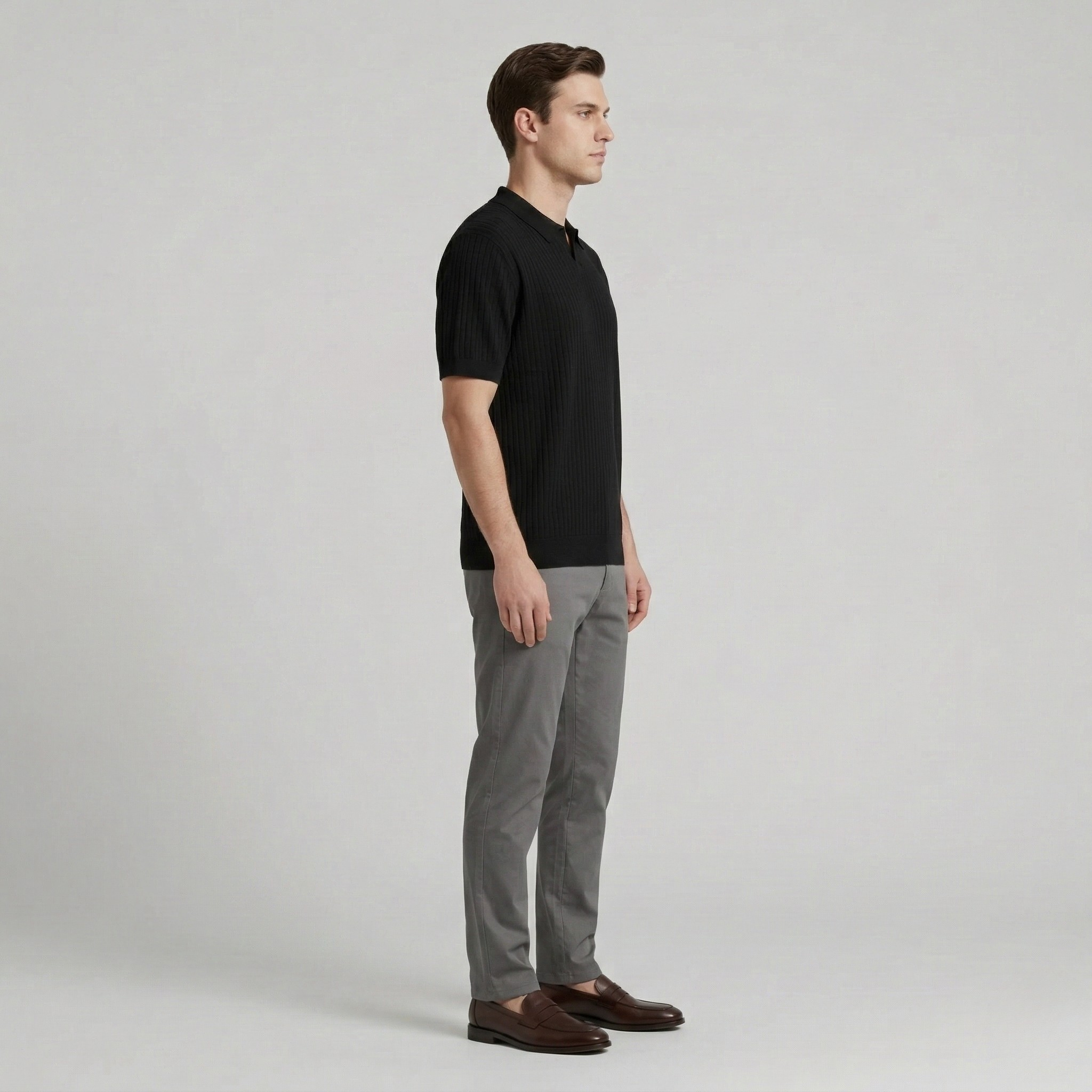 Pánské slim fit žebrované pletené polo tričko s krátkým rukávem, rychleschnoucí, s otevřeným výstřihem, golfový top