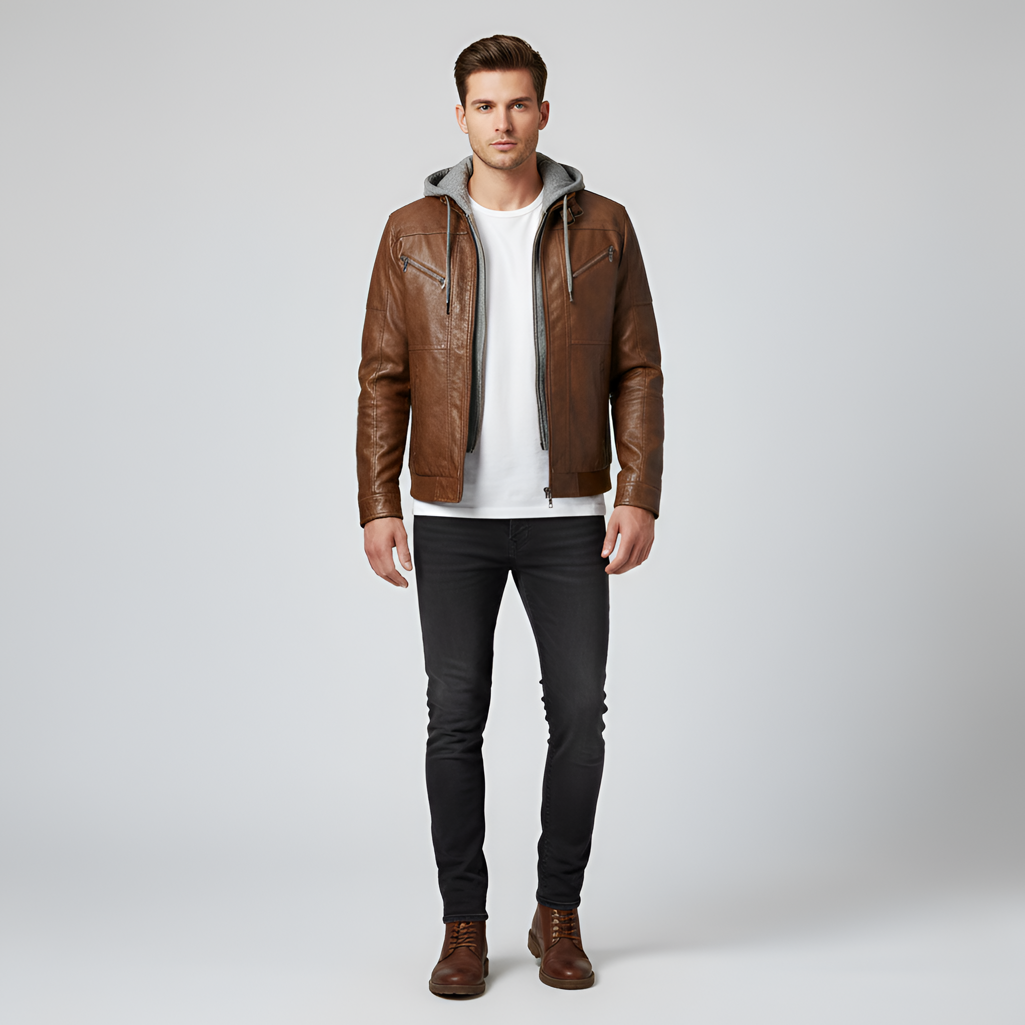 Chaqueta de cuero para hombre Bellivaro con capucha, chaqueta biker forrada con cremallera