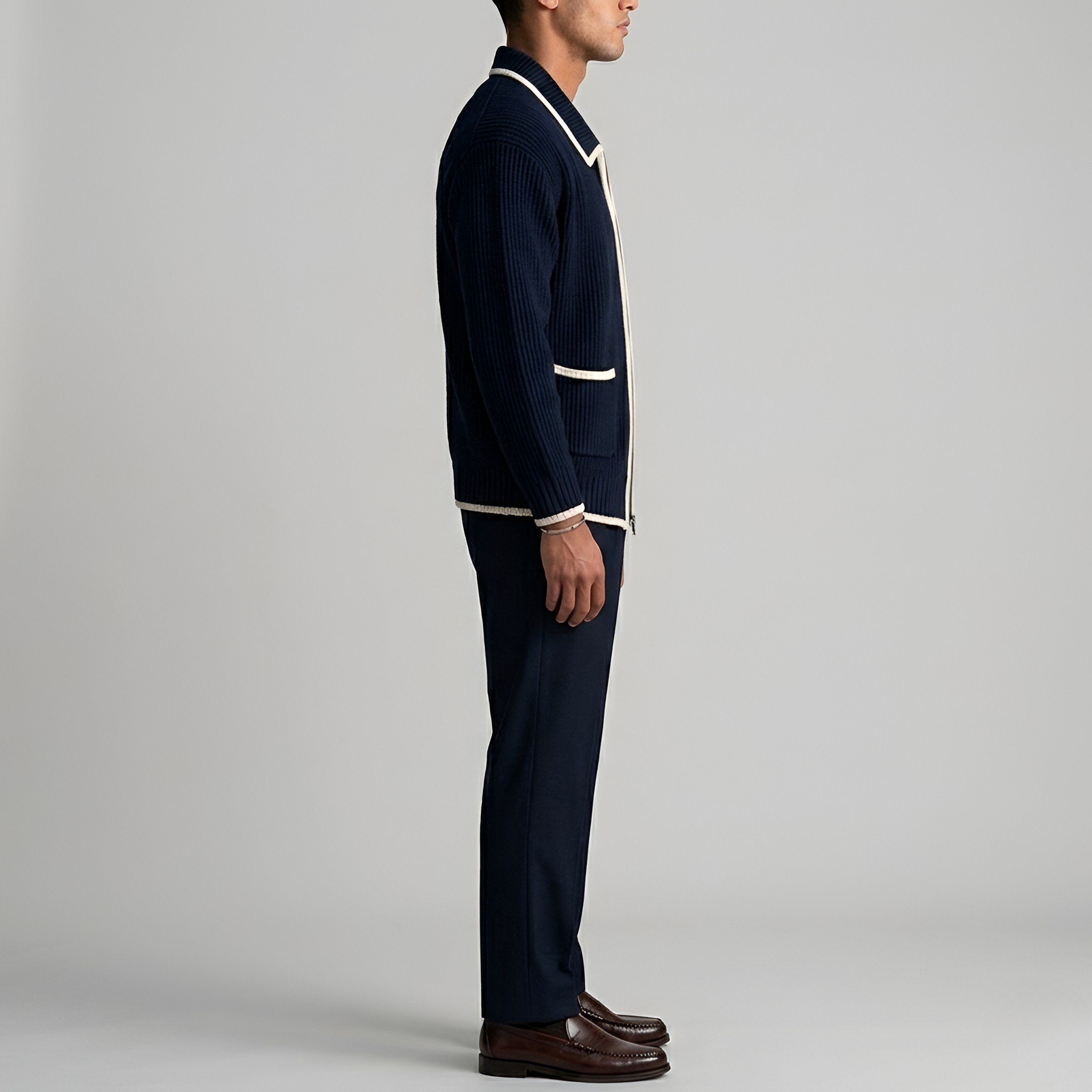 Pánsky bavlnený pletený kardigán so zipsom a vreckami, voľný strih