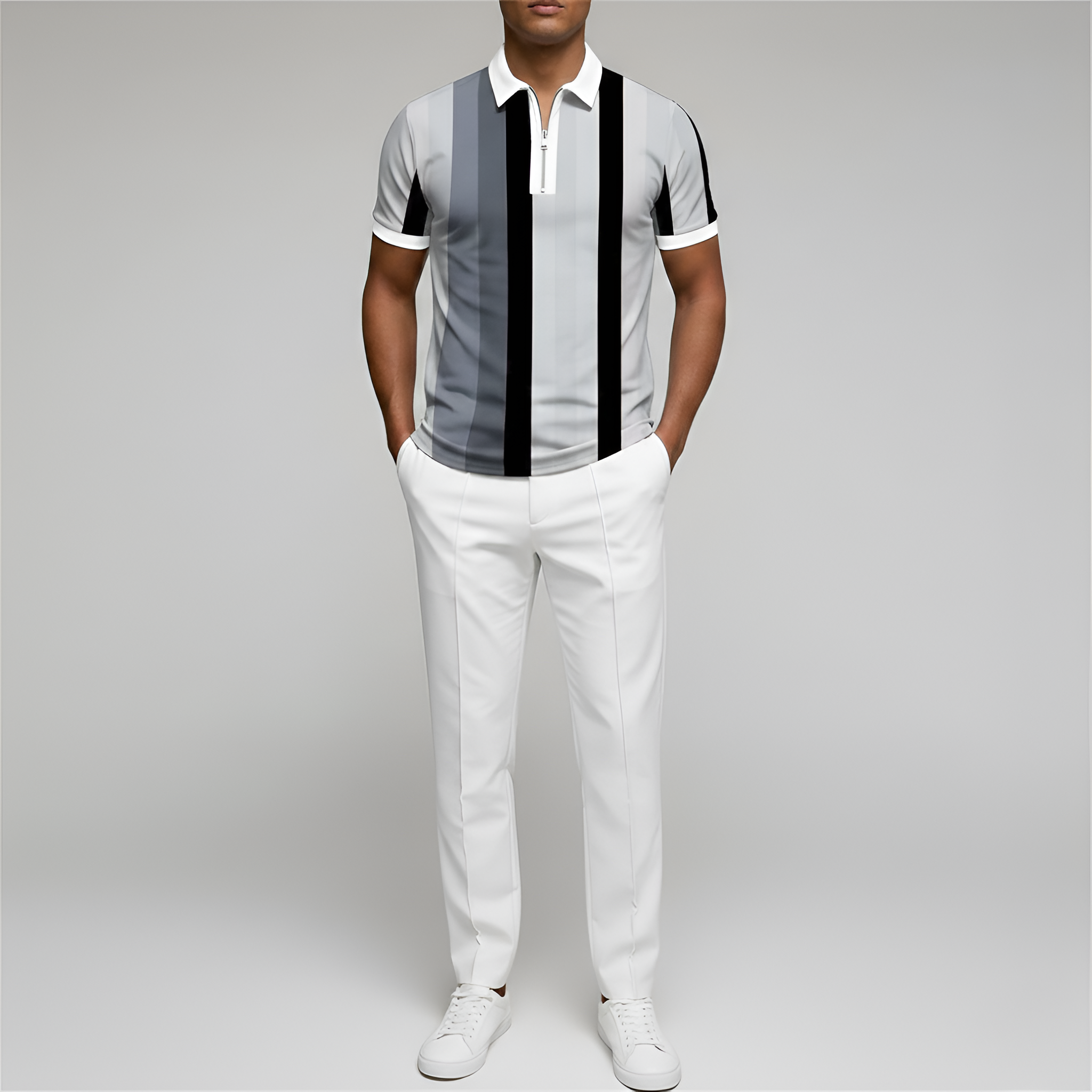 Pánske polokošeľa s krátkym rukávom a zipsom – priliehavá polokošeľa s pruhmi