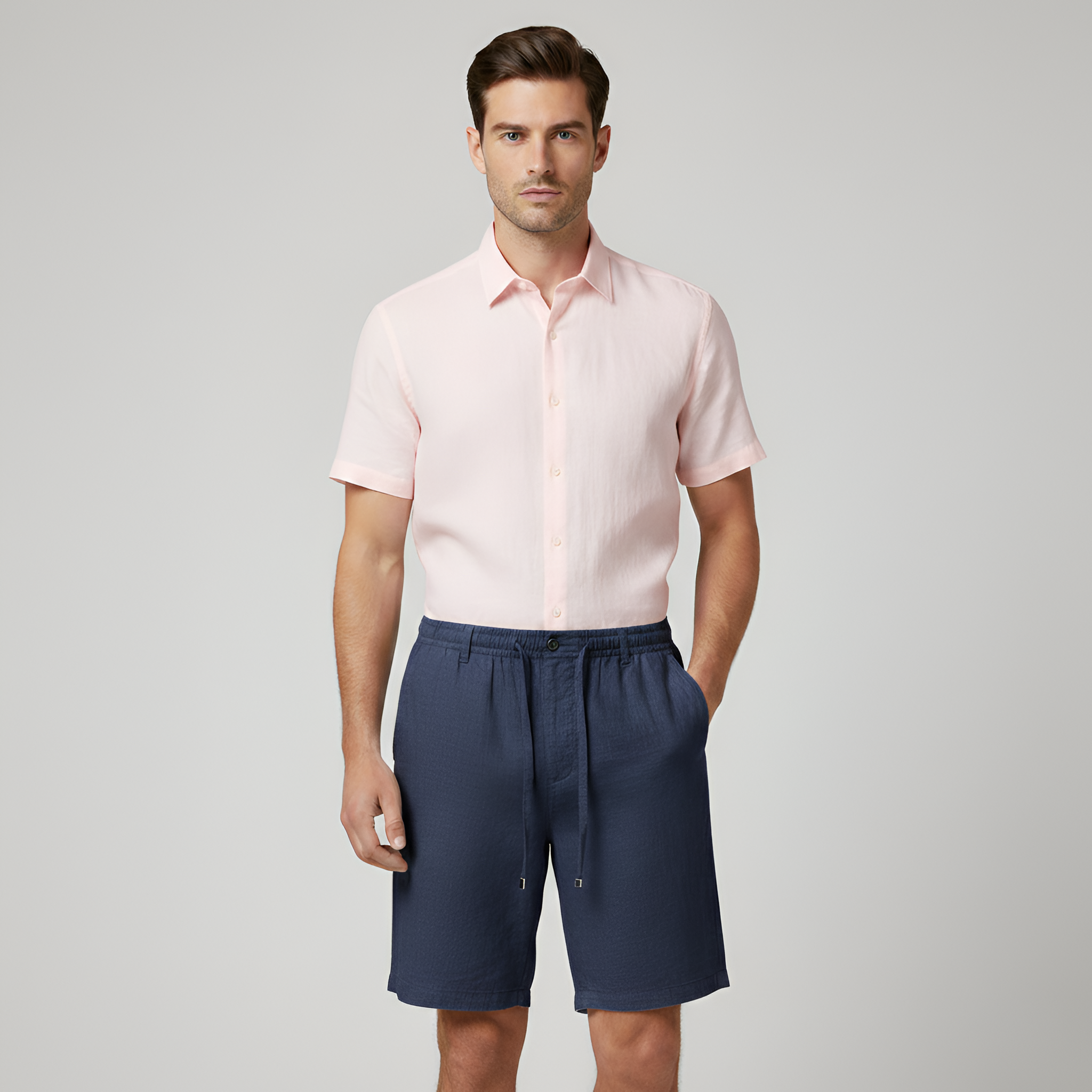 Pantalones cortos de lino para hombre para el verano con cintura elástica y bolsillos