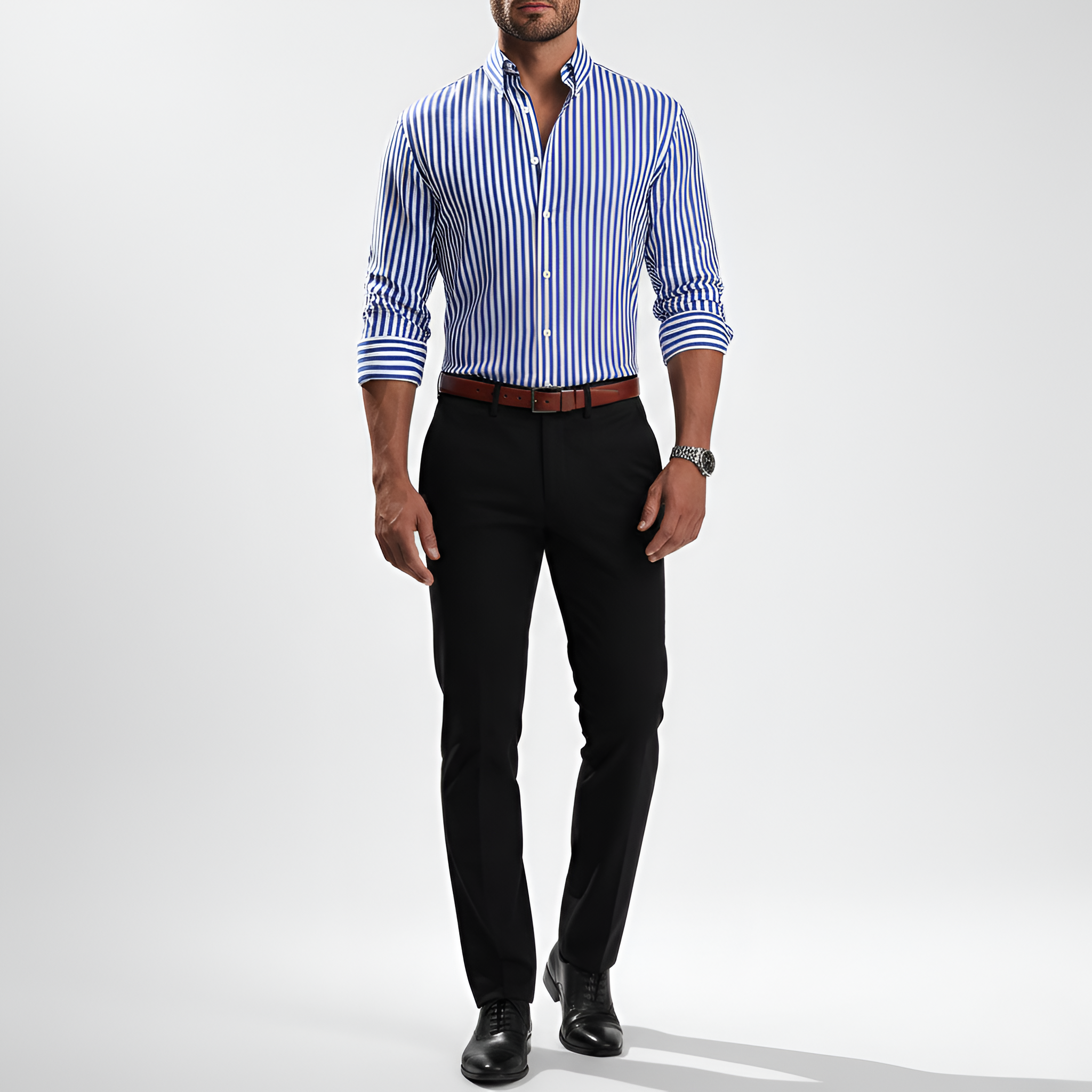 Camisa de hombre a rayas con mangas largas y corte ajustado en algodón