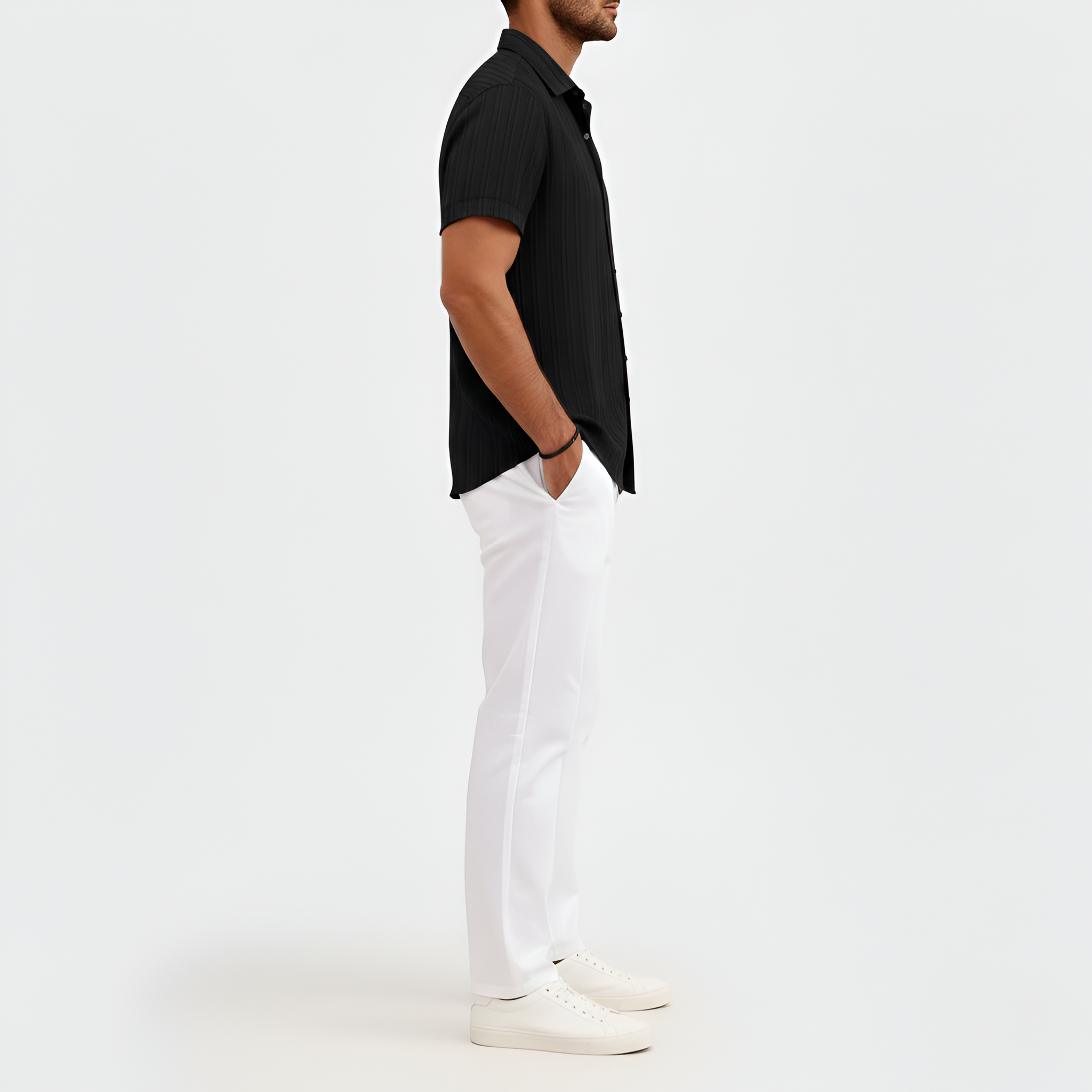 Herreskjorte kortærmet i bomuld med struktur og knaplukning